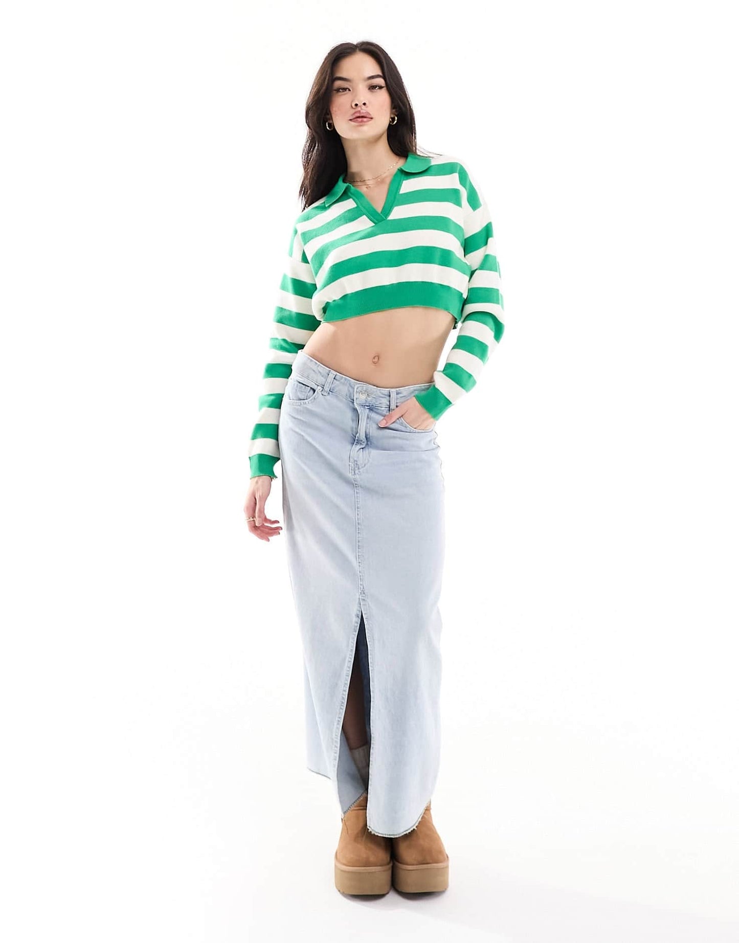 Bershka polo neck jumper in green & white stripe - ASOS Sample Sale