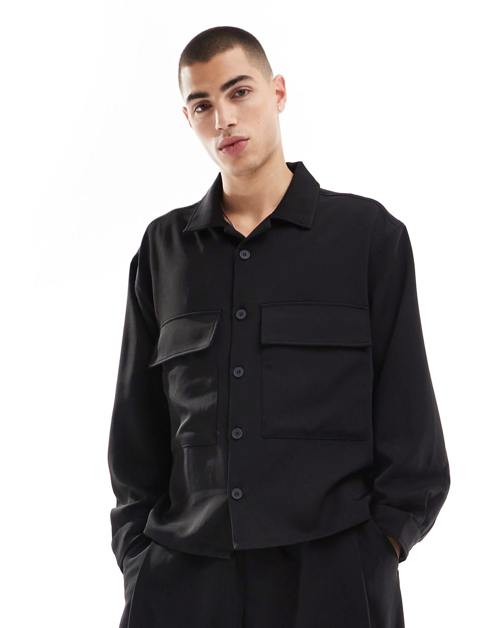 Bershka premium co - ord long sleeve shirt in black - ASOS Sample Sale