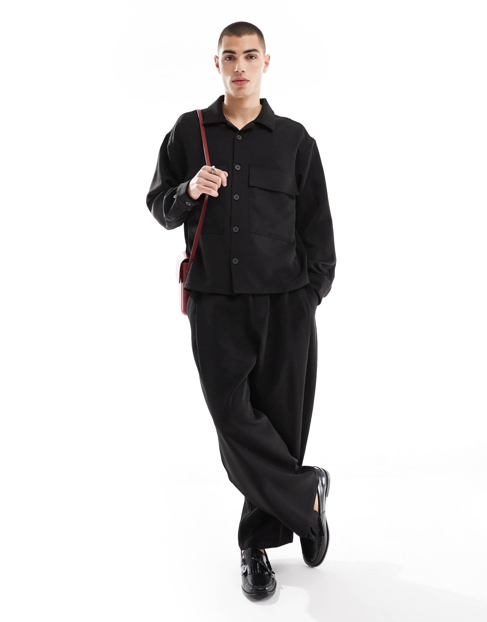 Bershka premium co - ord long sleeve shirt in black - ASOS Sample Sale