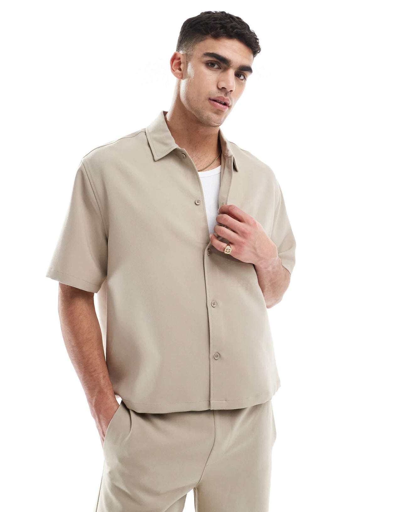 Bershka premium shirt co - ord in beige - ASOS Sample Sale