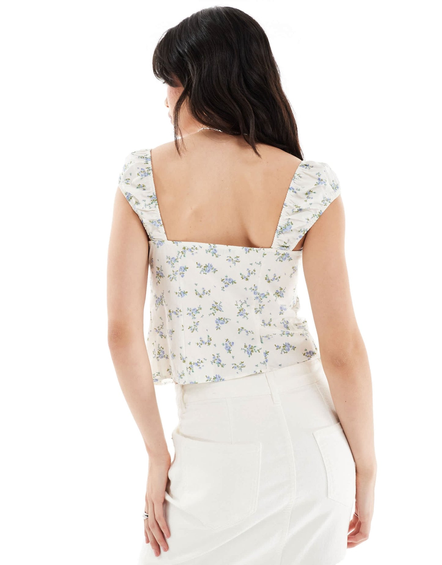 Bershka puff sleeve milkmaid cotton top in blue floral - ASOS Sample Sale