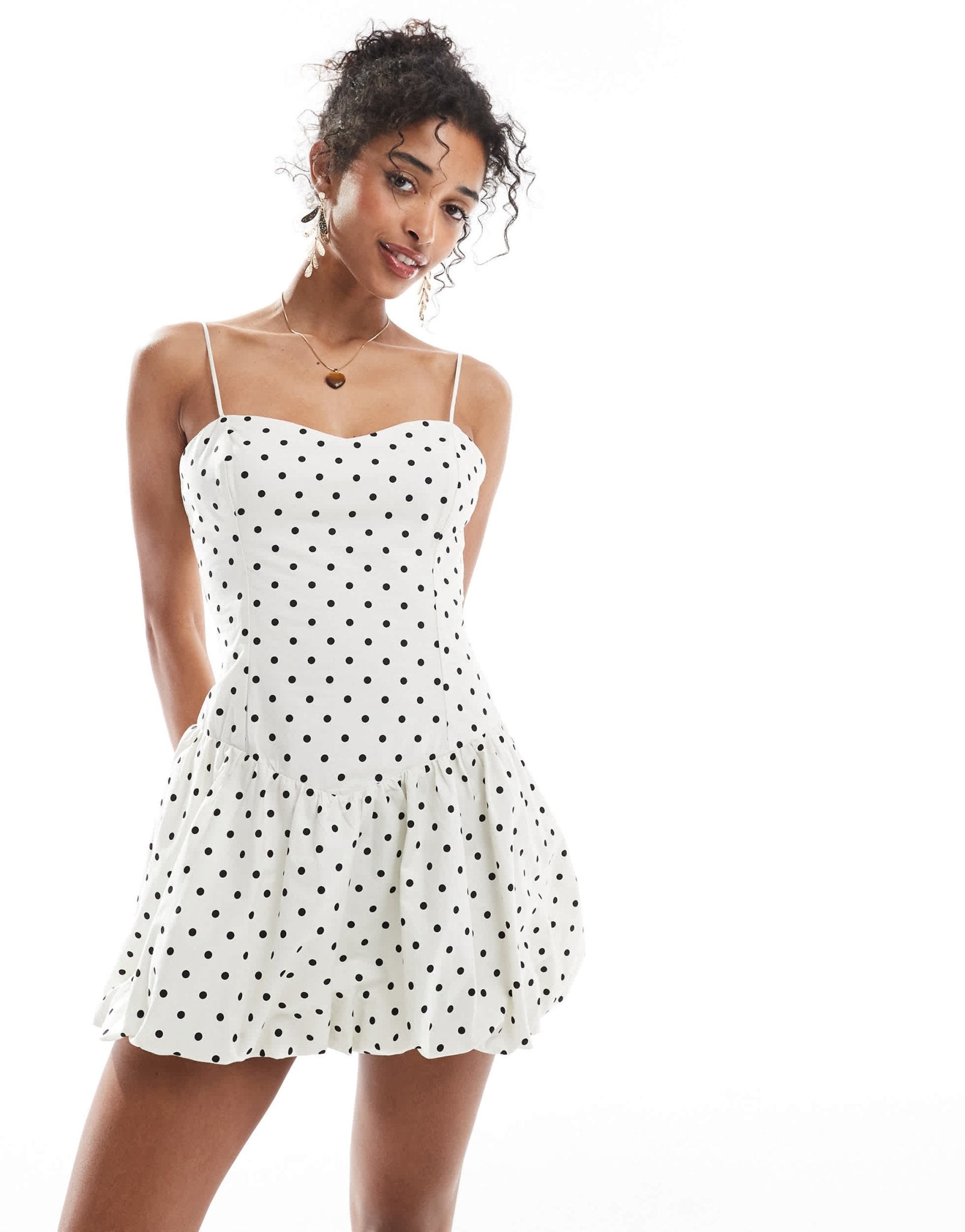 Bershka puffball mini dress in ecru polka dot - ASOS Sample Sale