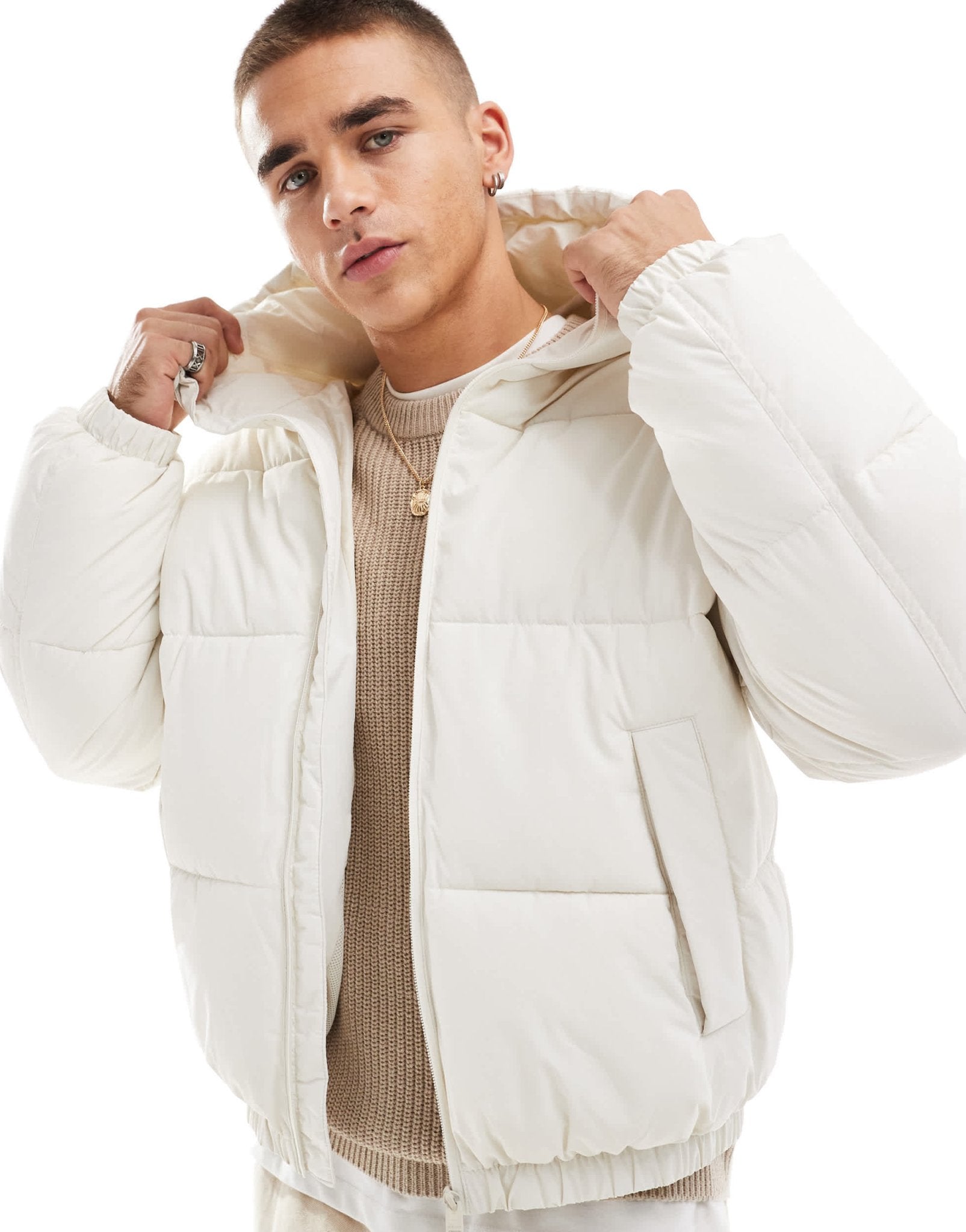 Bershka puffer jacket with hood in white - ASOS Sample Sale