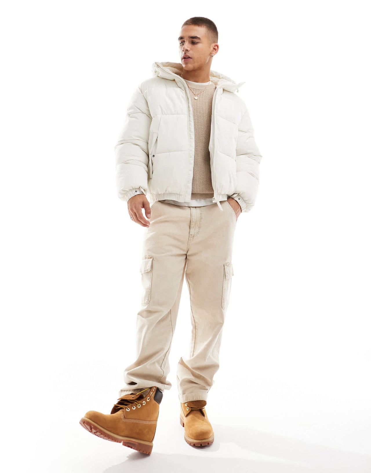 Bershka puffer jacket with hood in white - ASOS Sample Sale