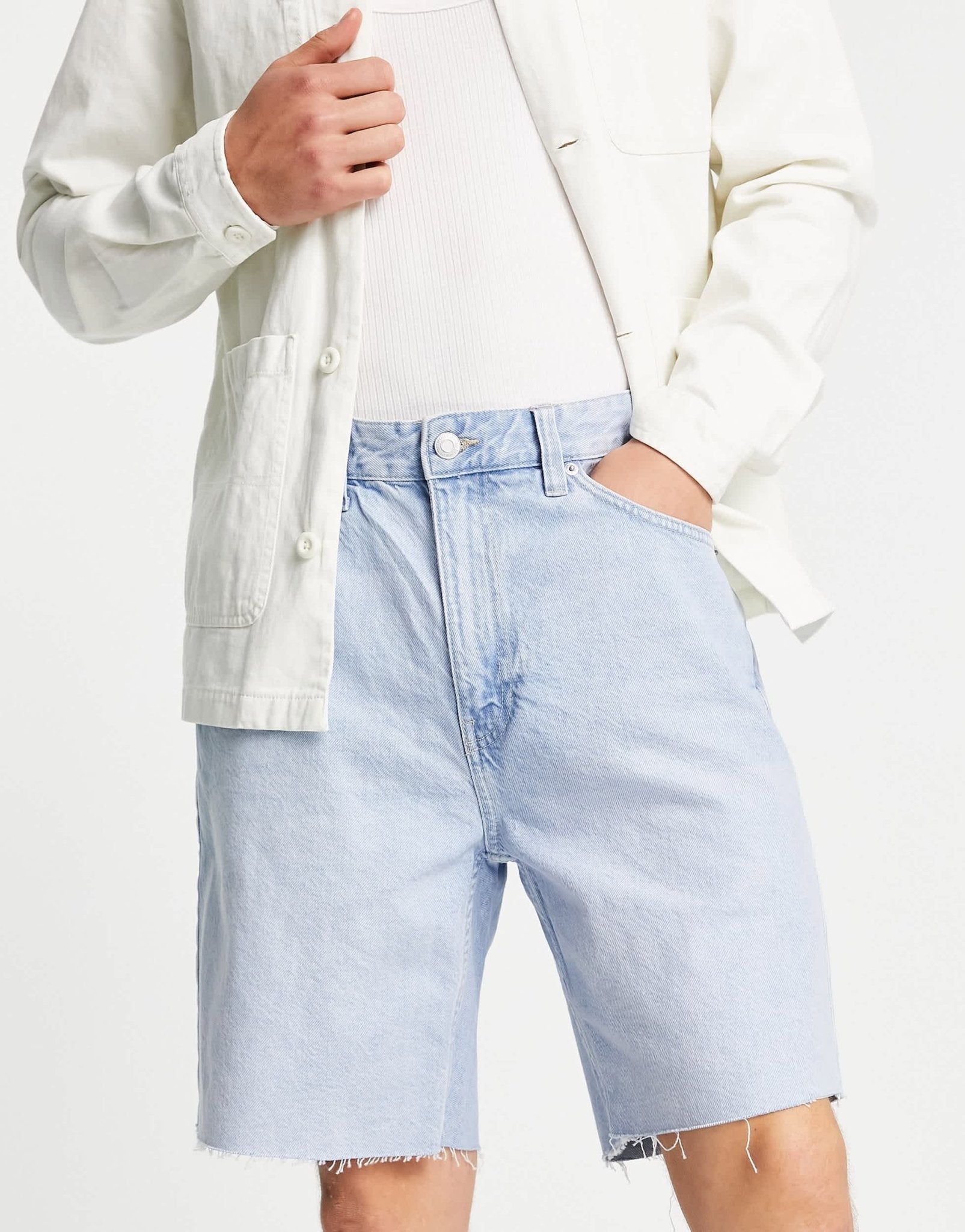 Bershka raw hem denim shorts in light blue - ASOS Sample Sale