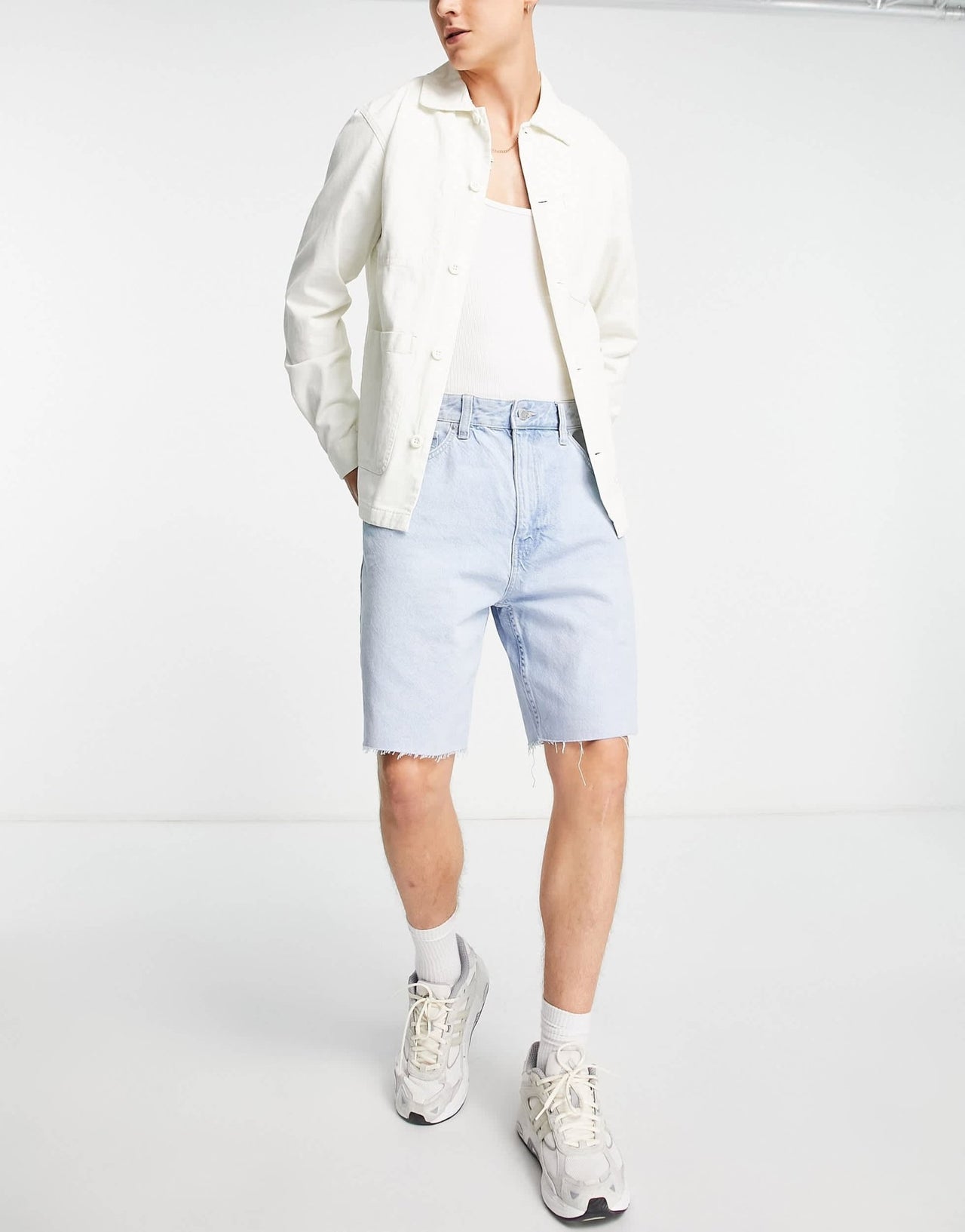 Bershka raw hem denim shorts in light blue - ASOS Sample Sale
