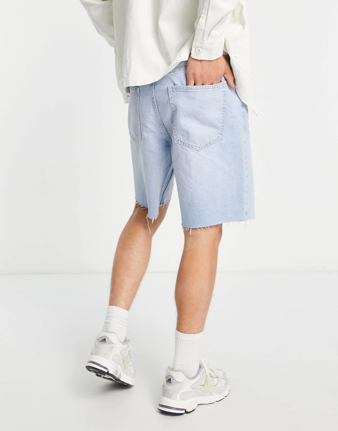 Bershka raw hem denim shorts in light blue - ASOS Sample Sale