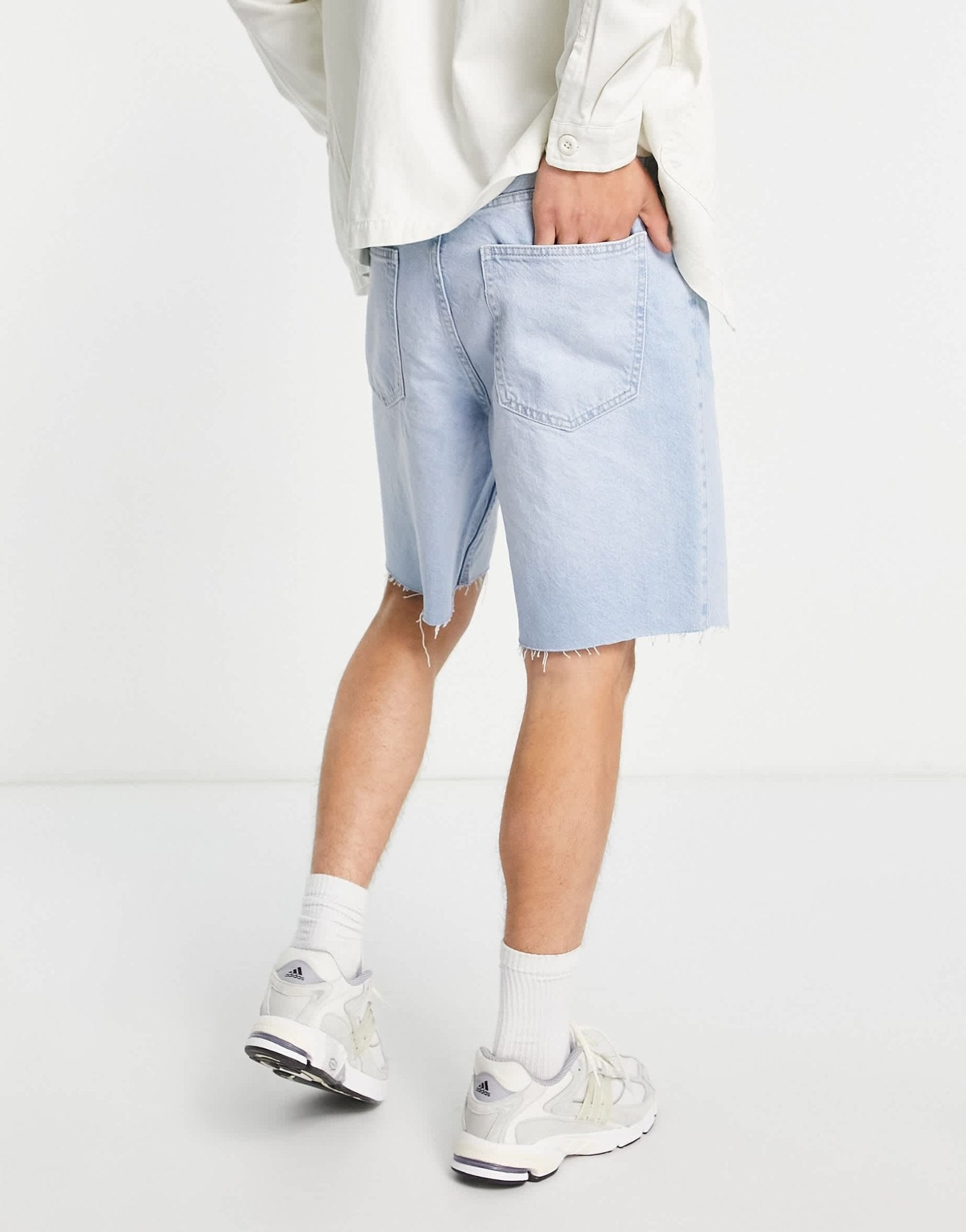 Bershka raw hem denim shorts in light blue - ASOS Sample Sale