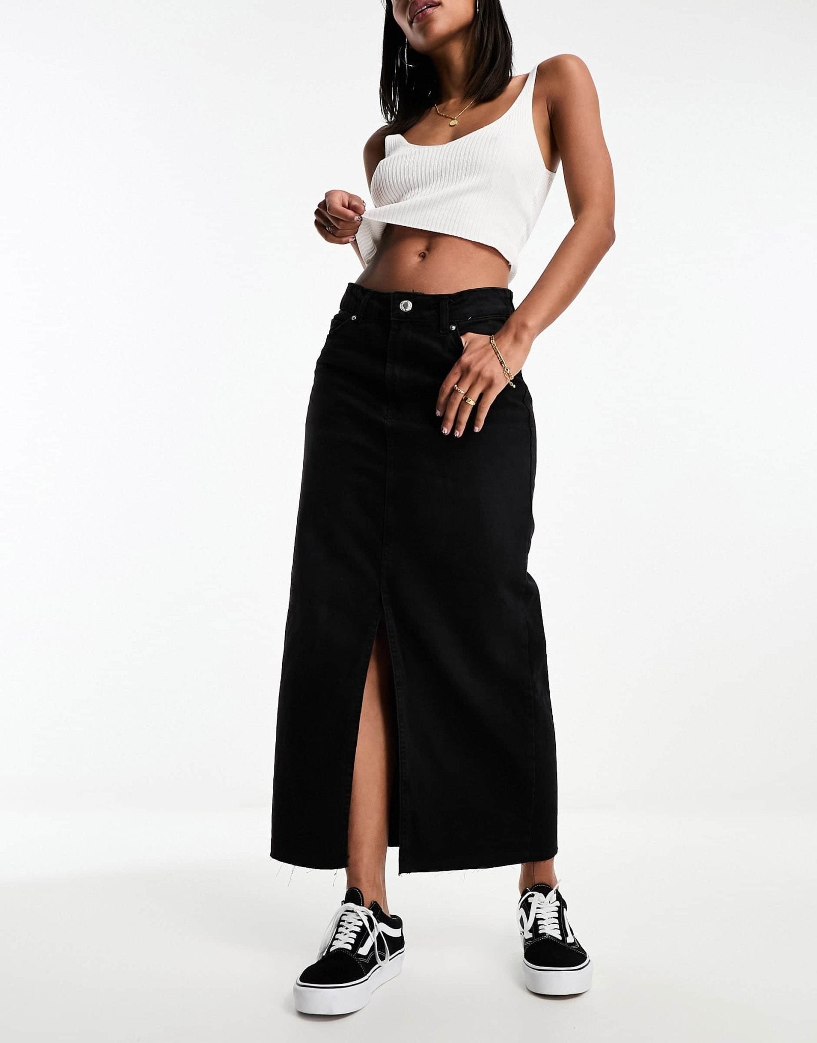 Bershka raw hem split hem denim midi skirt in black - ASOS Sample Sale