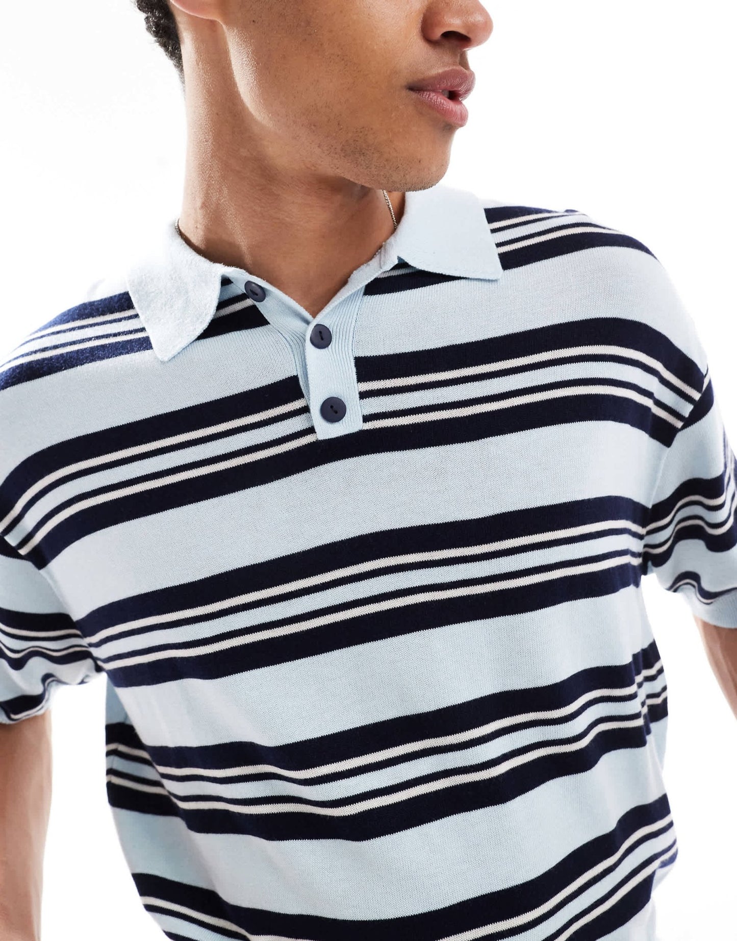 Bershka retro knitted striped polo in blue - ASOS Sample Sale