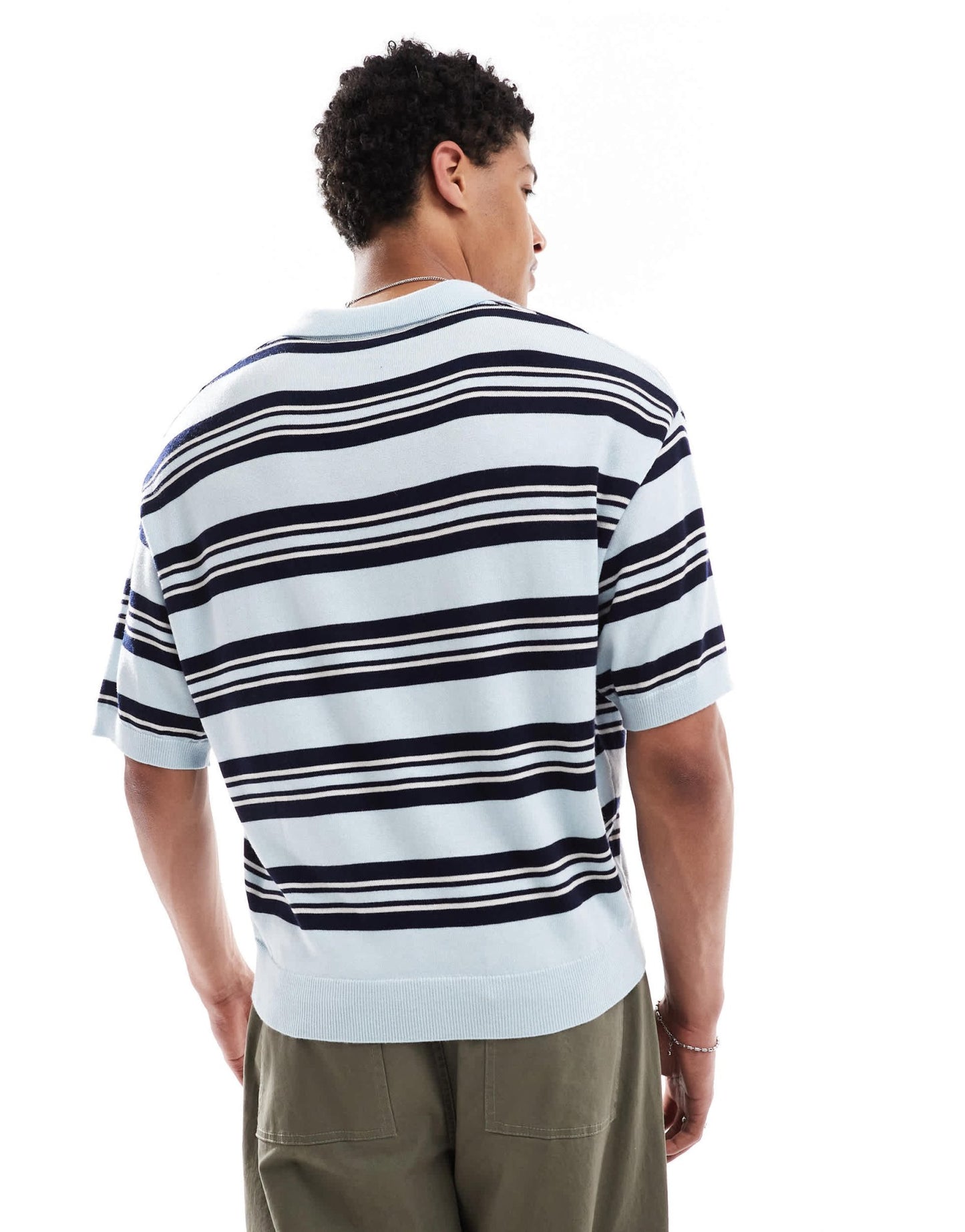 Bershka retro knitted striped polo in blue - ASOS Sample Sale