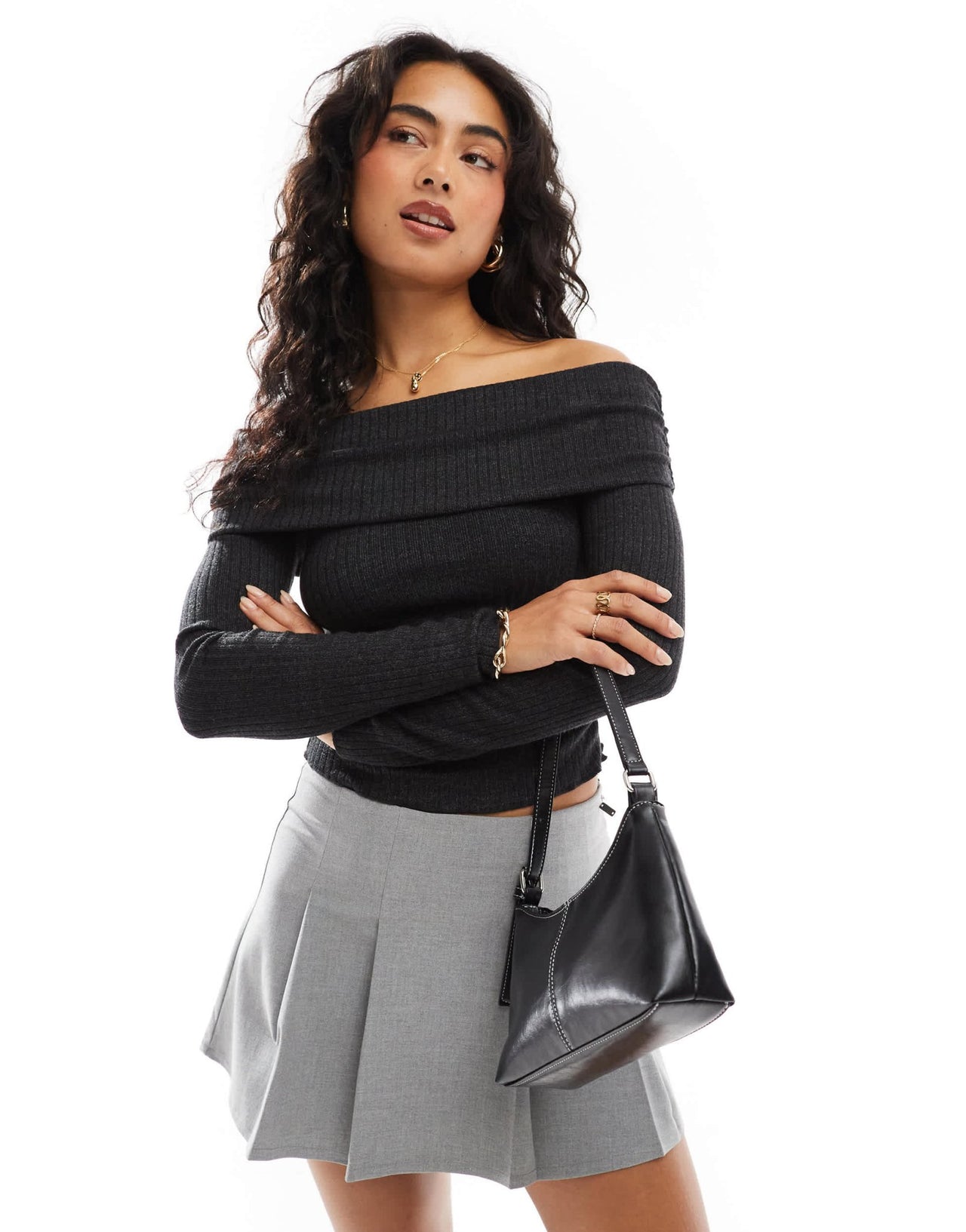 Bershka ribbed bardot top in dark grey - ASOS Sample Sale