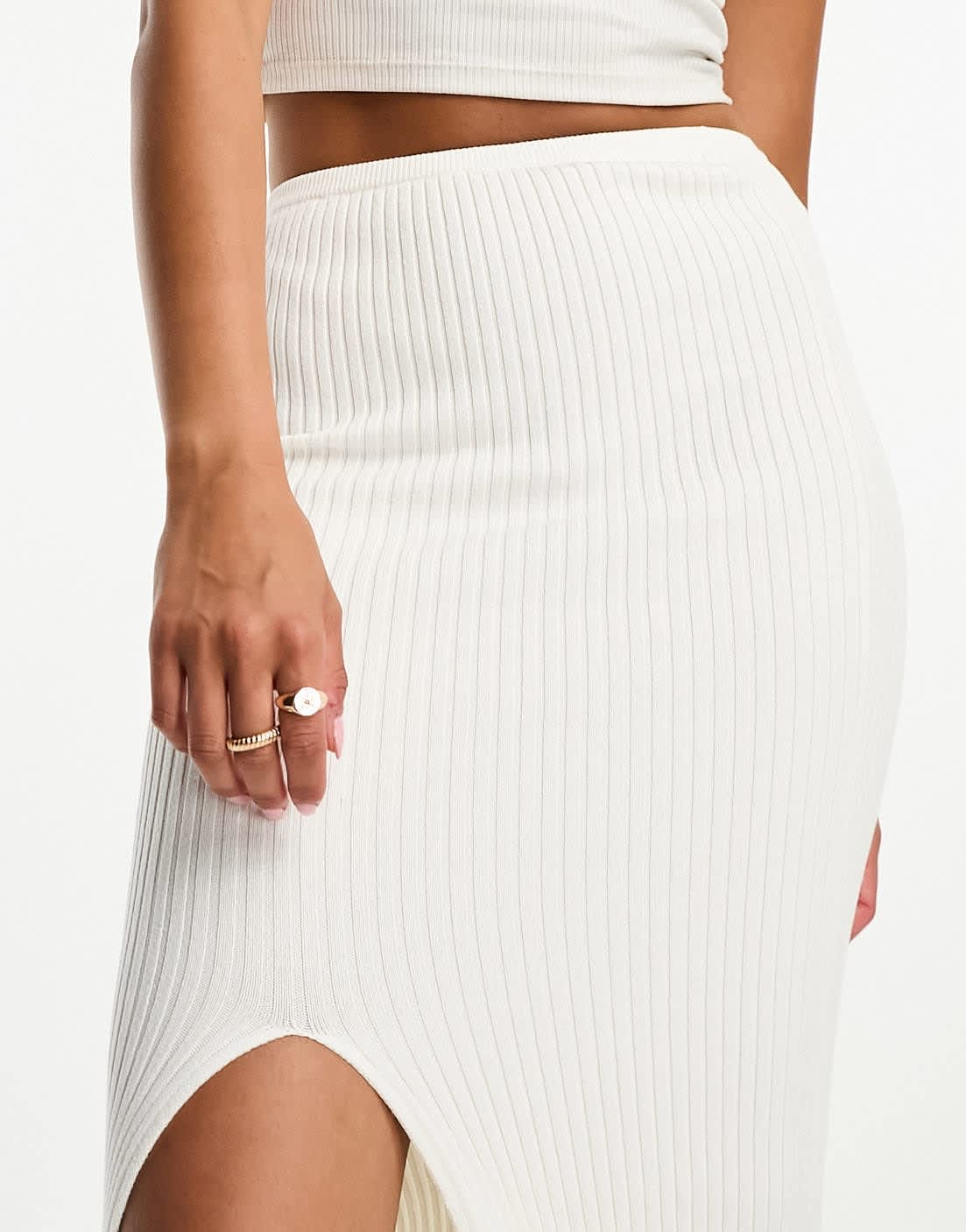 Bershka ribbed bodycon midi skirt co-ord in ecru - ASOS Sample Sale