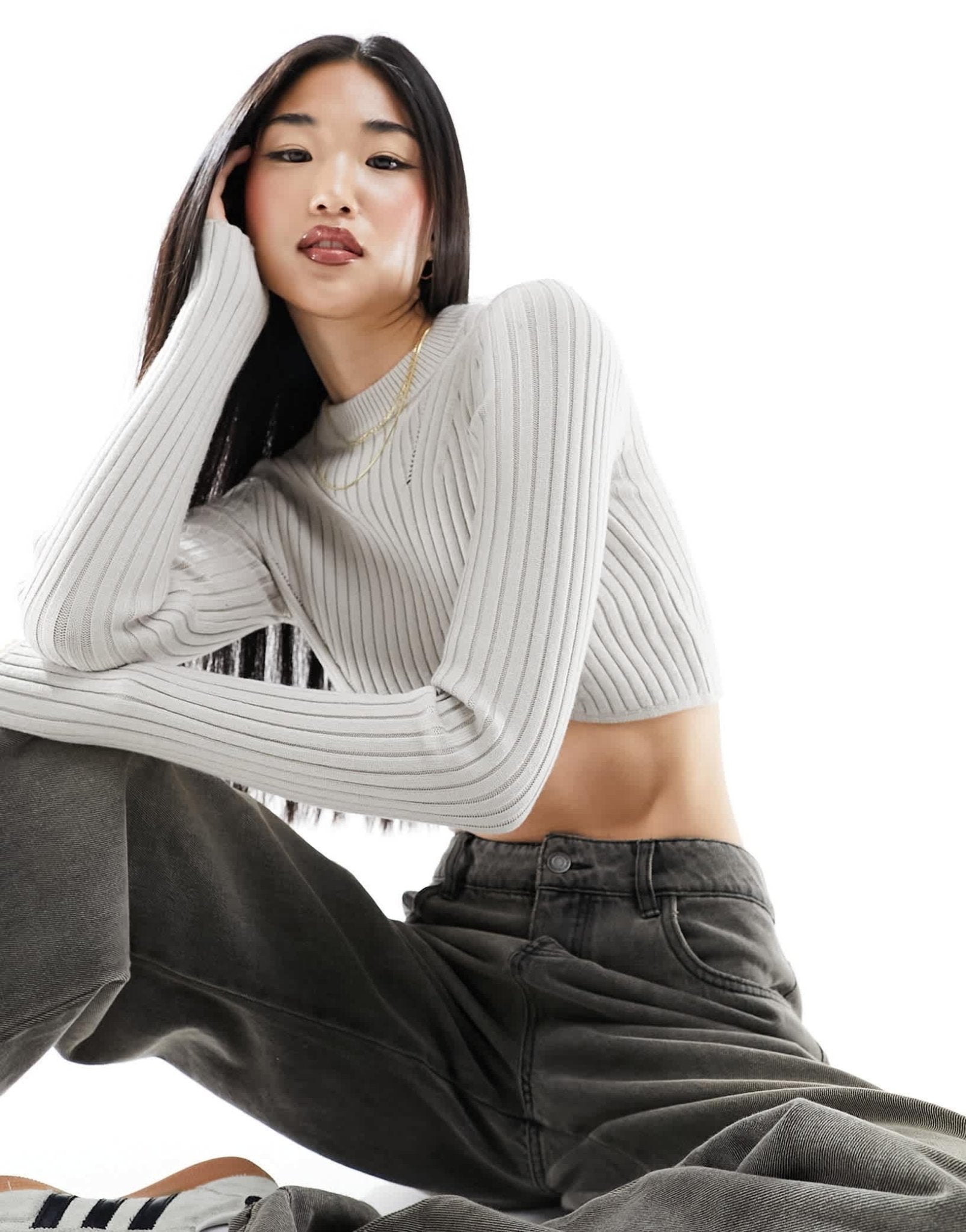 Bershka ribbed crew neck jumper in pale khaki - ASOS Sample Sale
