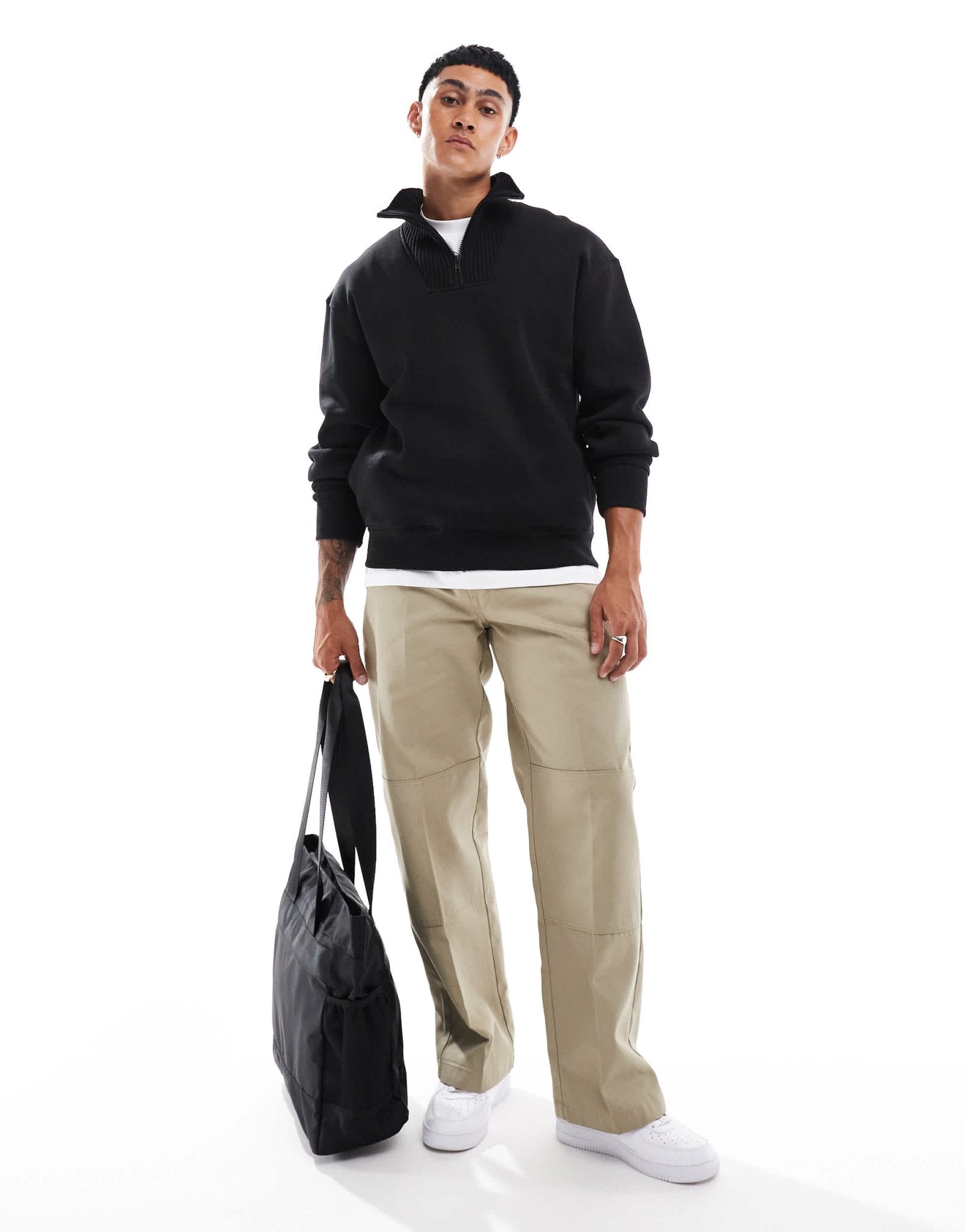 Bershka ribbed neck 1/4 zip jumper in black - ASOS Sample Sale