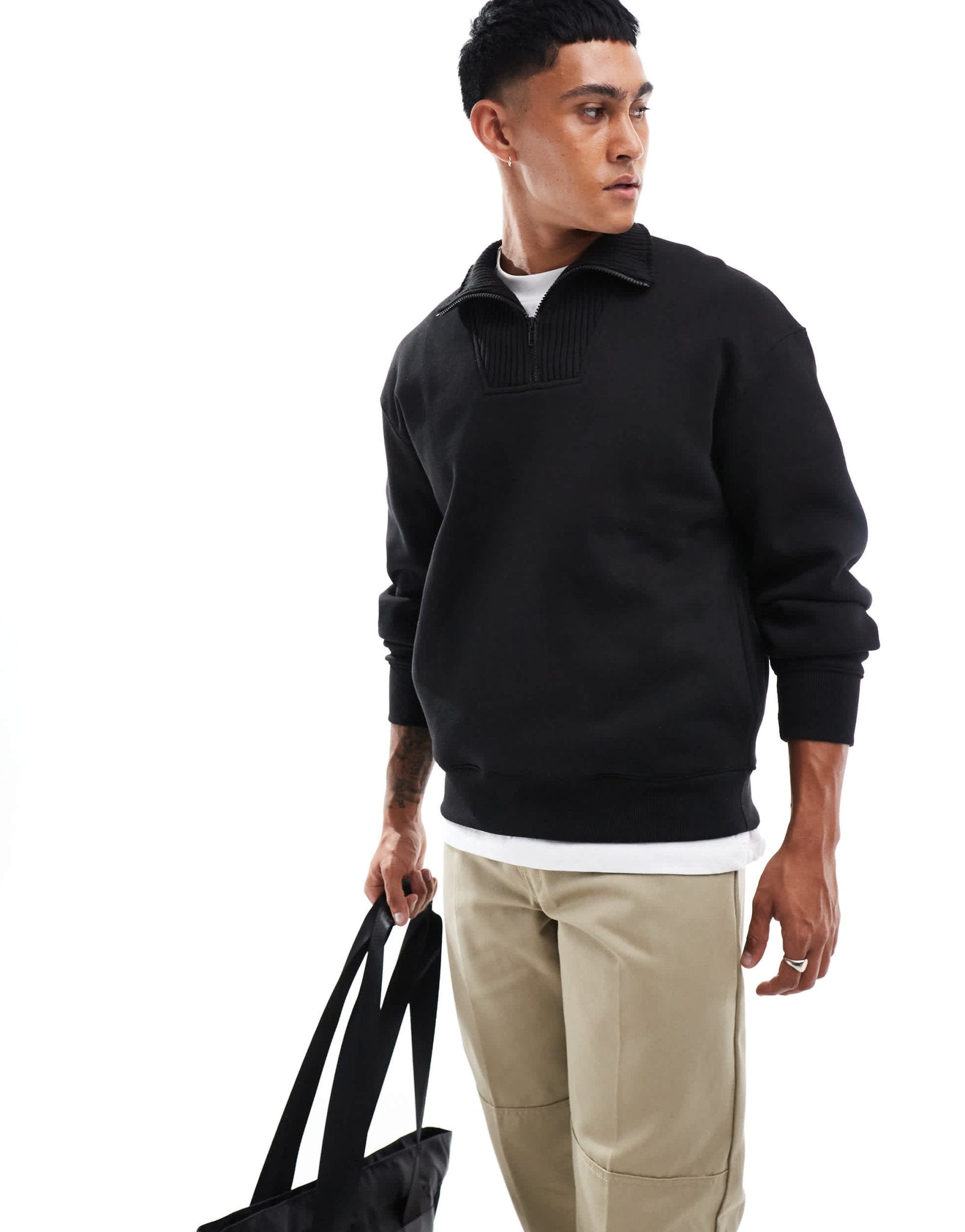 Bershka ribbed neck 1/4 zip jumper in black - ASOS Sample Sale