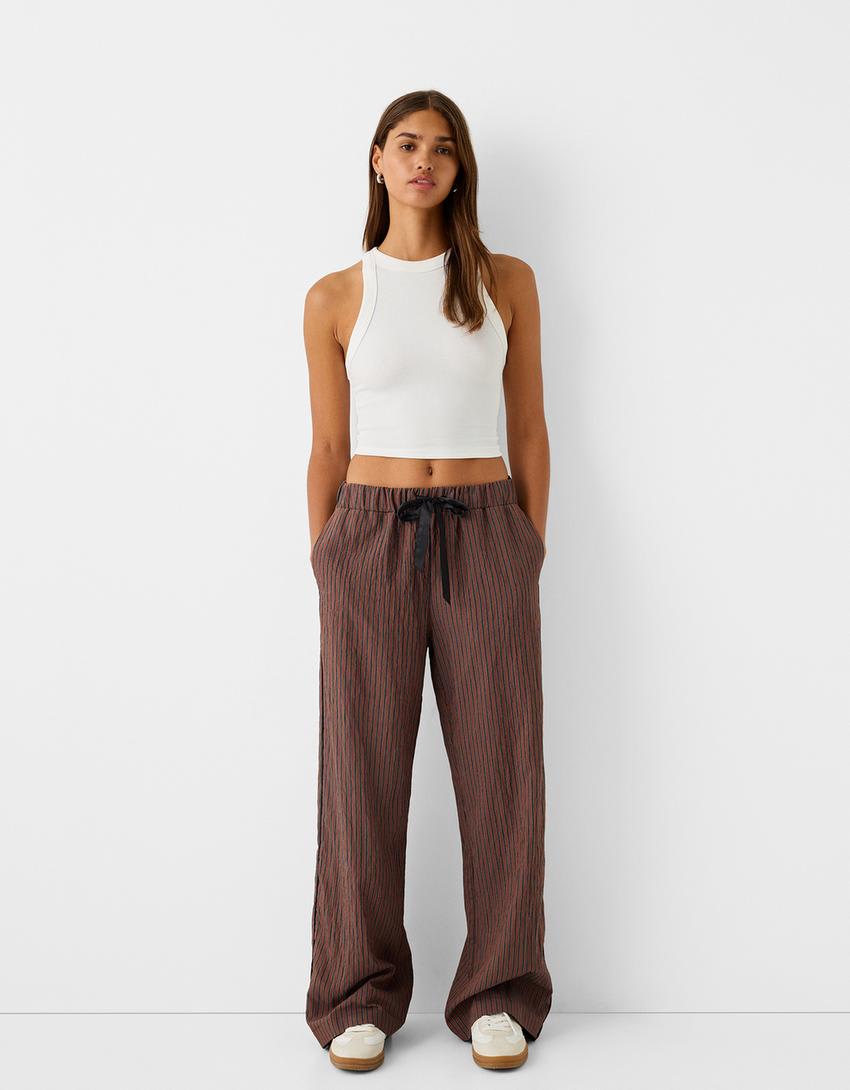 Bershka ribbon drawstring waist wide leg trousers in brown & stripe - ASOS Sample Sale