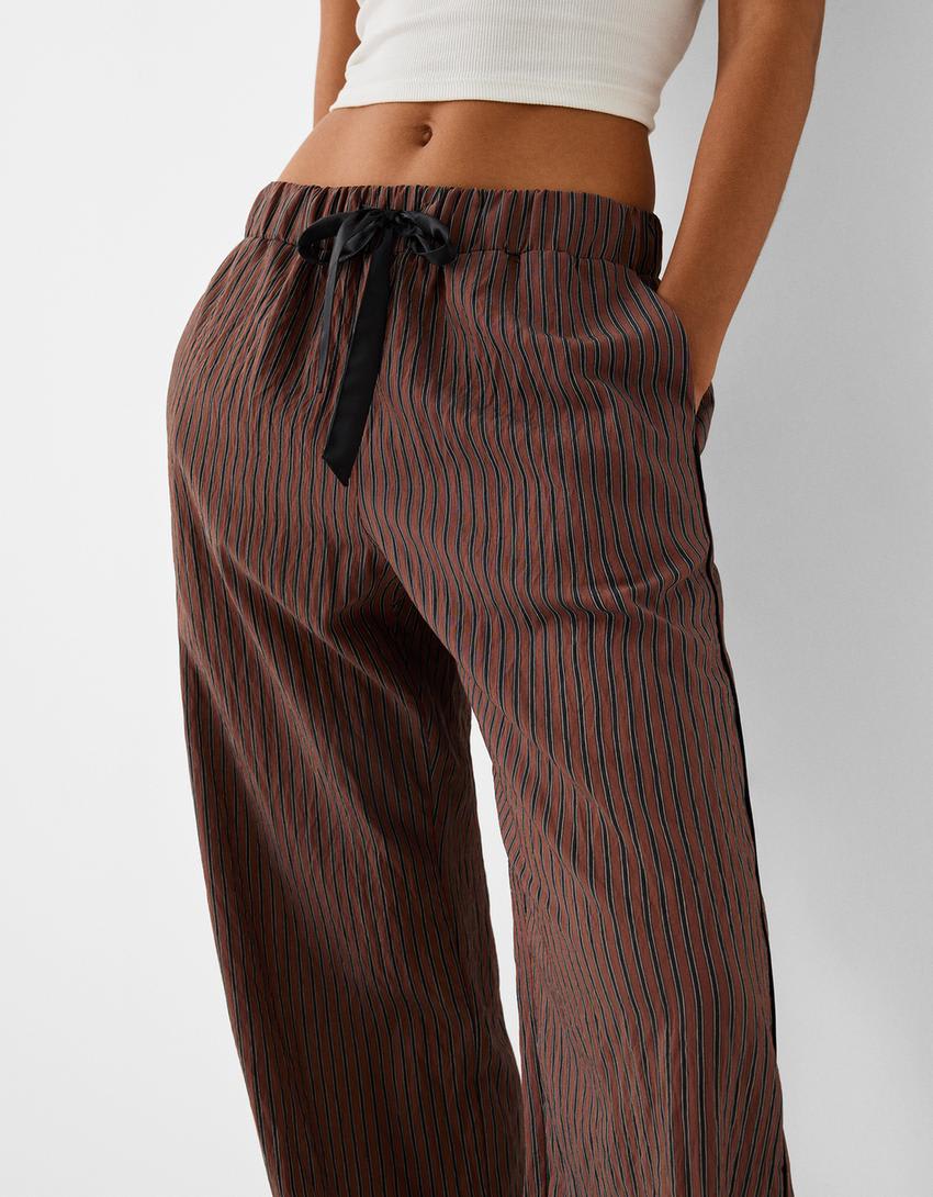 Bershka ribbon drawstring waist wide leg trousers in brown & stripe - ASOS Sample Sale