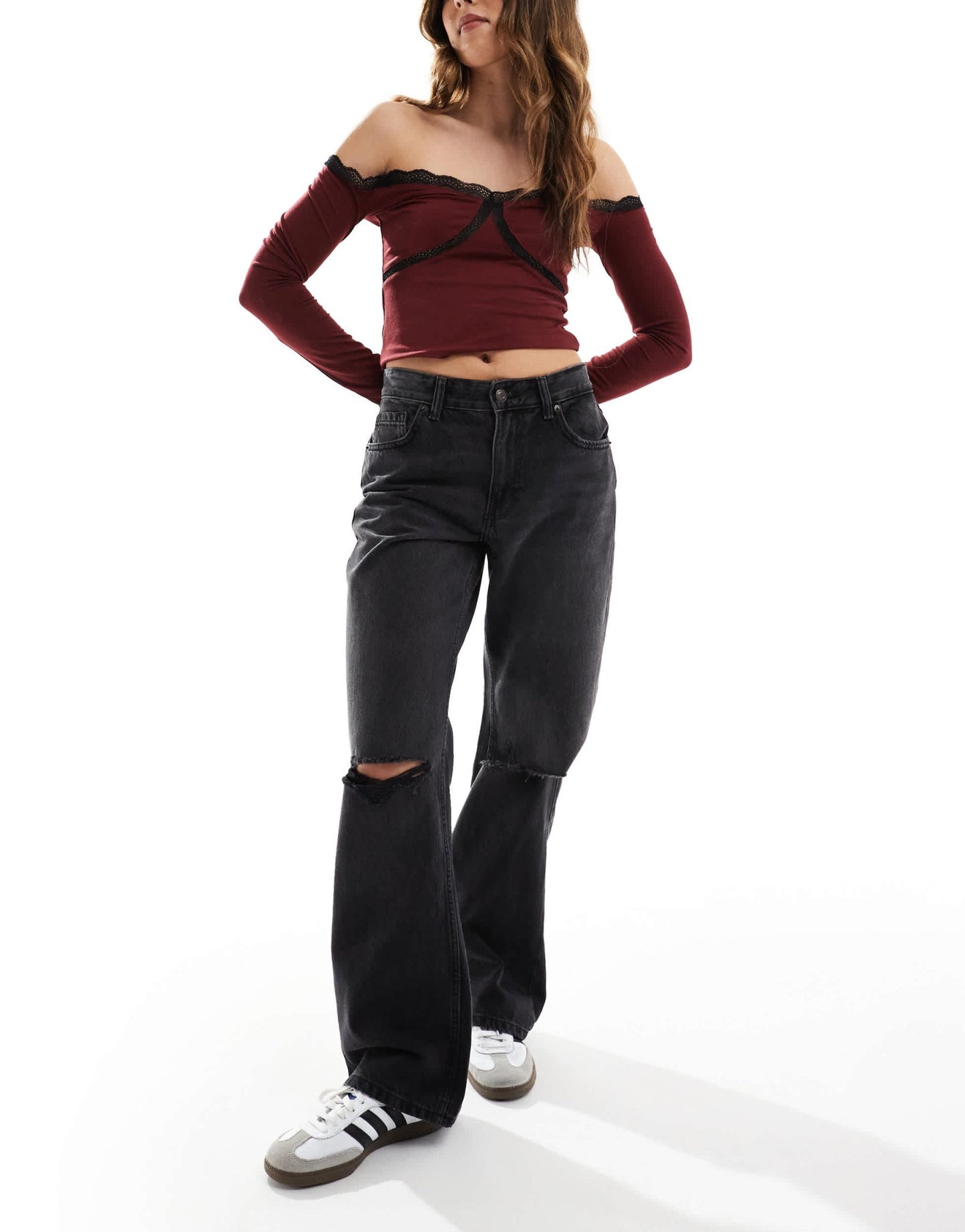 Bershka ripped knee wide leg jeans in black - ASOS Sample Sale