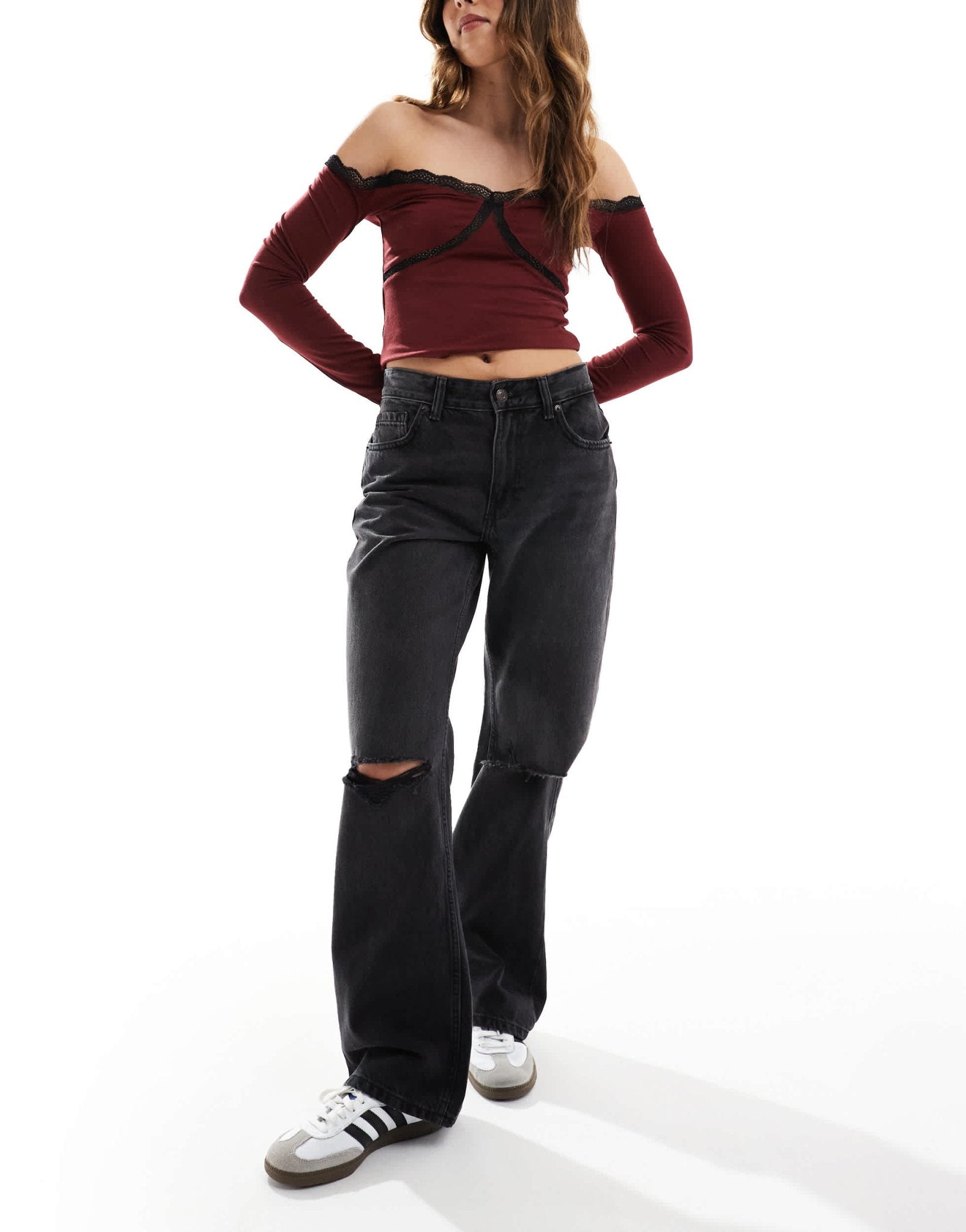 Bershka ripped knee wide leg jeans in black - ASOS Sample Sale