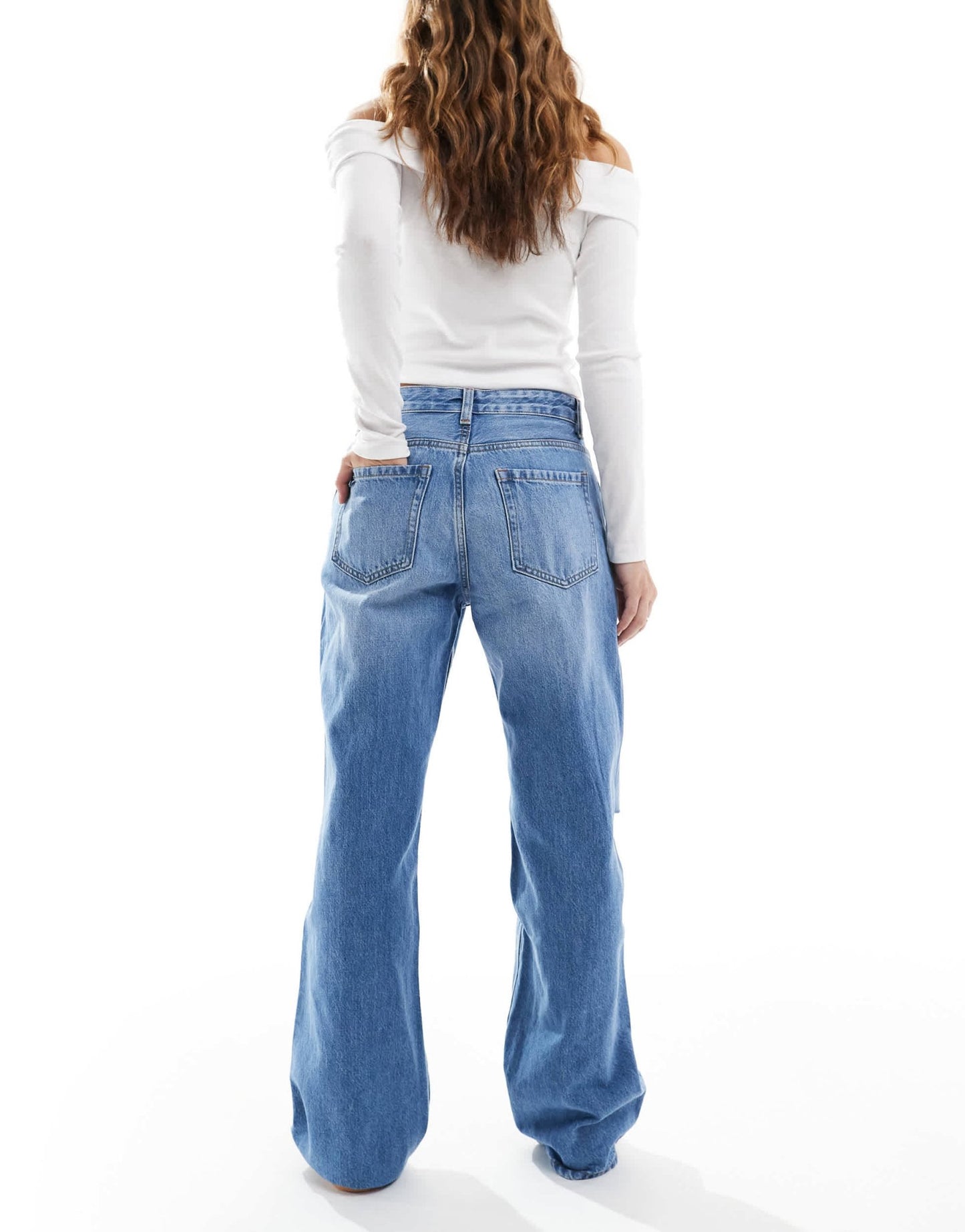 Bershka ripped knee wide leg jeans in mid blue - ASOS Sample Sale