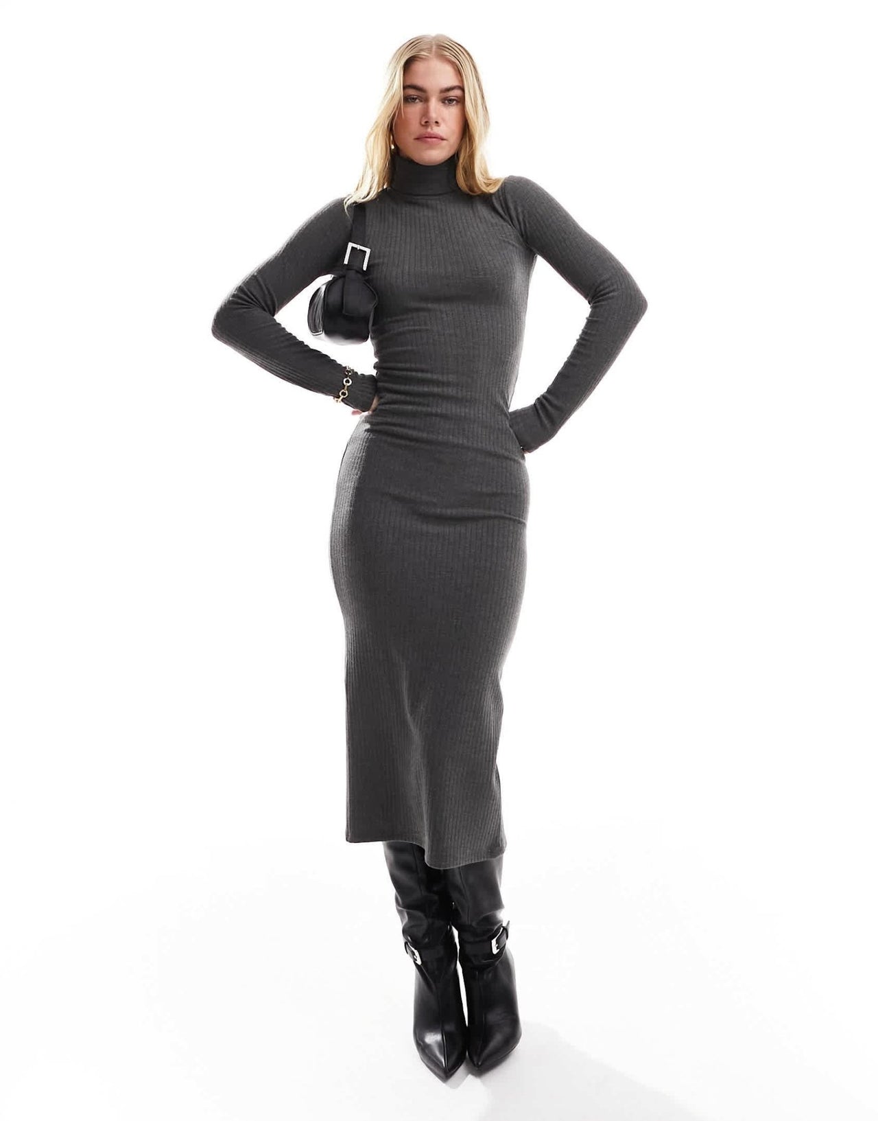 Bershka roll neck bodycon maxi dress in grey - ASOS Sample Sale
