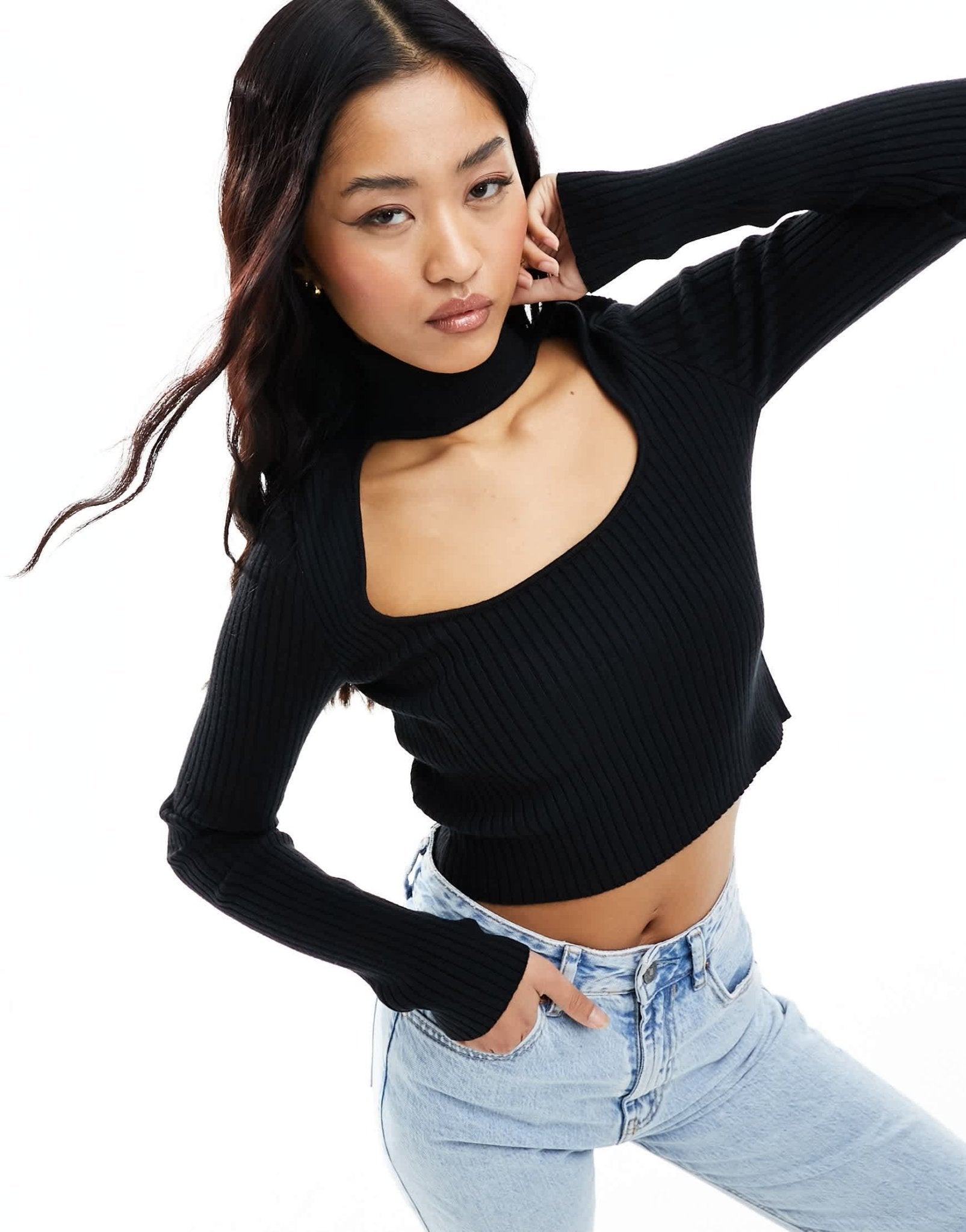 Bershka roll neck choker detail jumper in black - ASOS Sample Sale