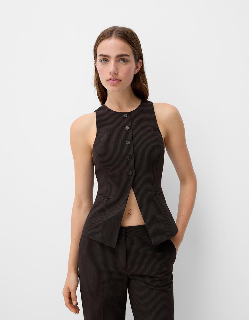 Bershka round neck tailored waistcoat in brown pinstripe - ASOS Sample Sale