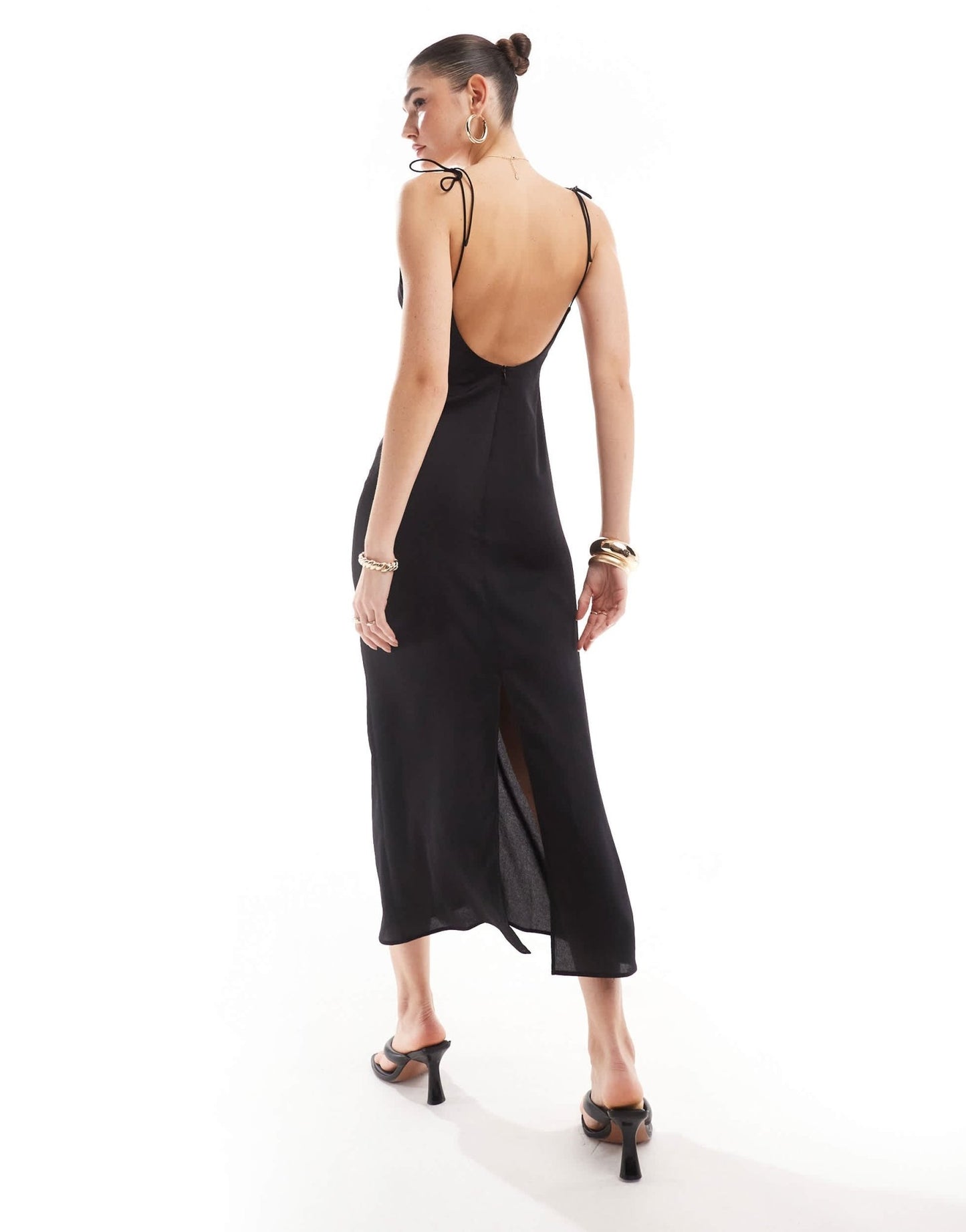Bershka ruched front satin maxi dress in black - ASOS Sample Sale
