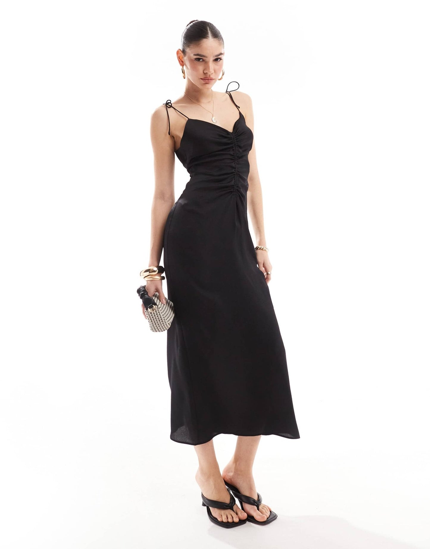 Bershka ruched front satin maxi dress in black - ASOS Sample Sale