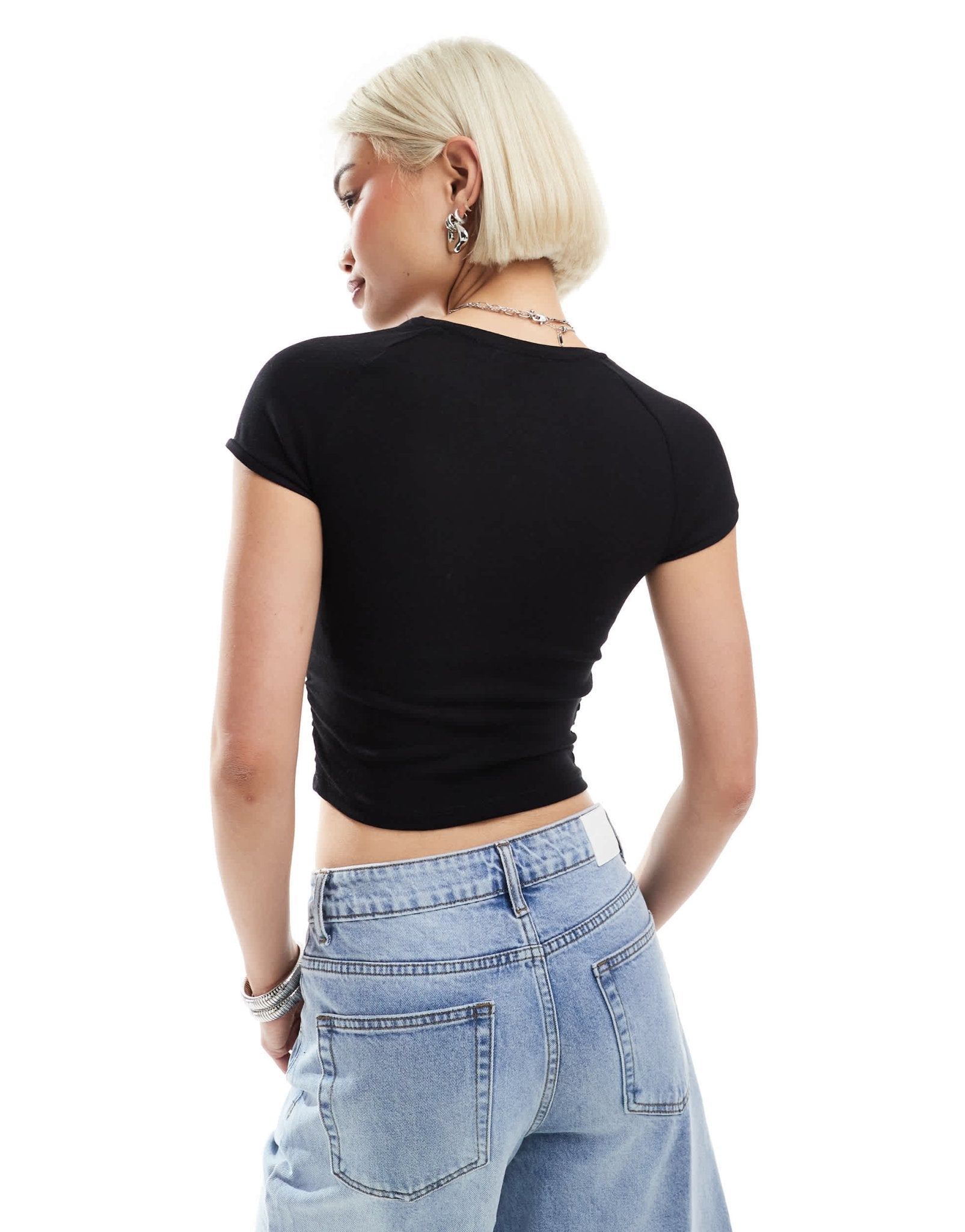 Bershka ruched side baby tee two pack in black and white - ASOS Sample Sale