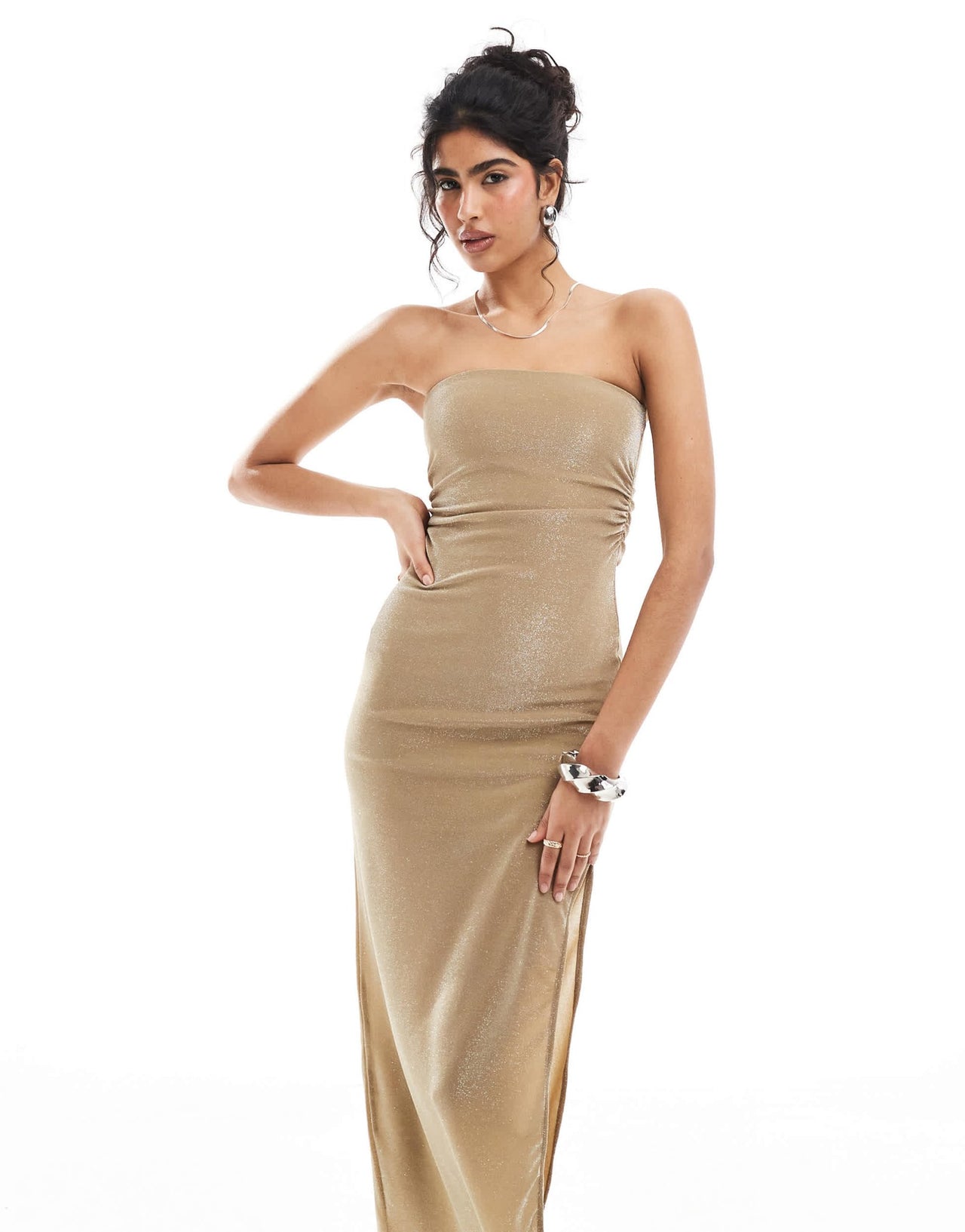 Bershka ruched side bandeau bodycon maxi dress in gold glitter - ASOS Sample Sale