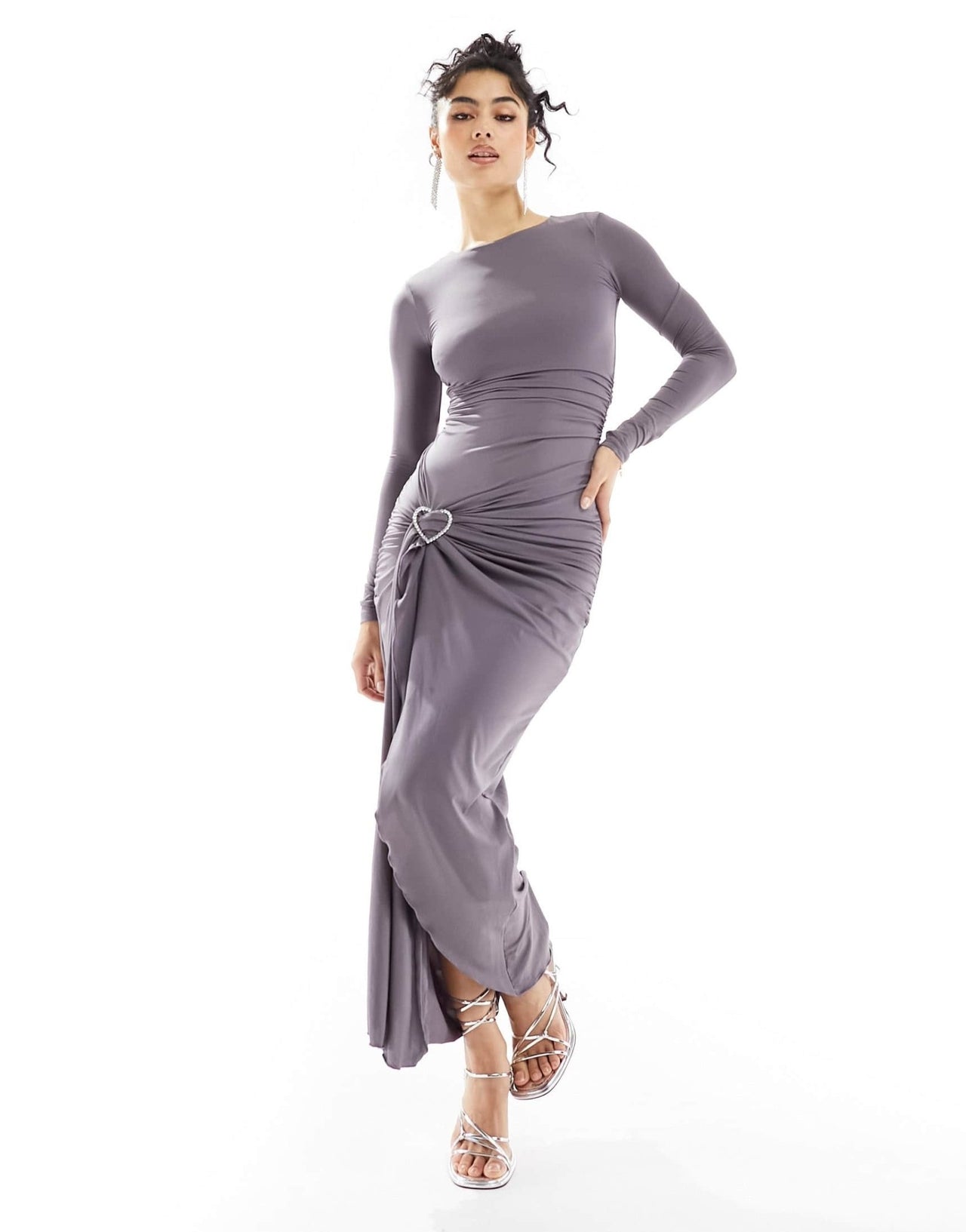 Bershka ruched side heart detail maxi dress in charcoal - ASOS Sample Sale