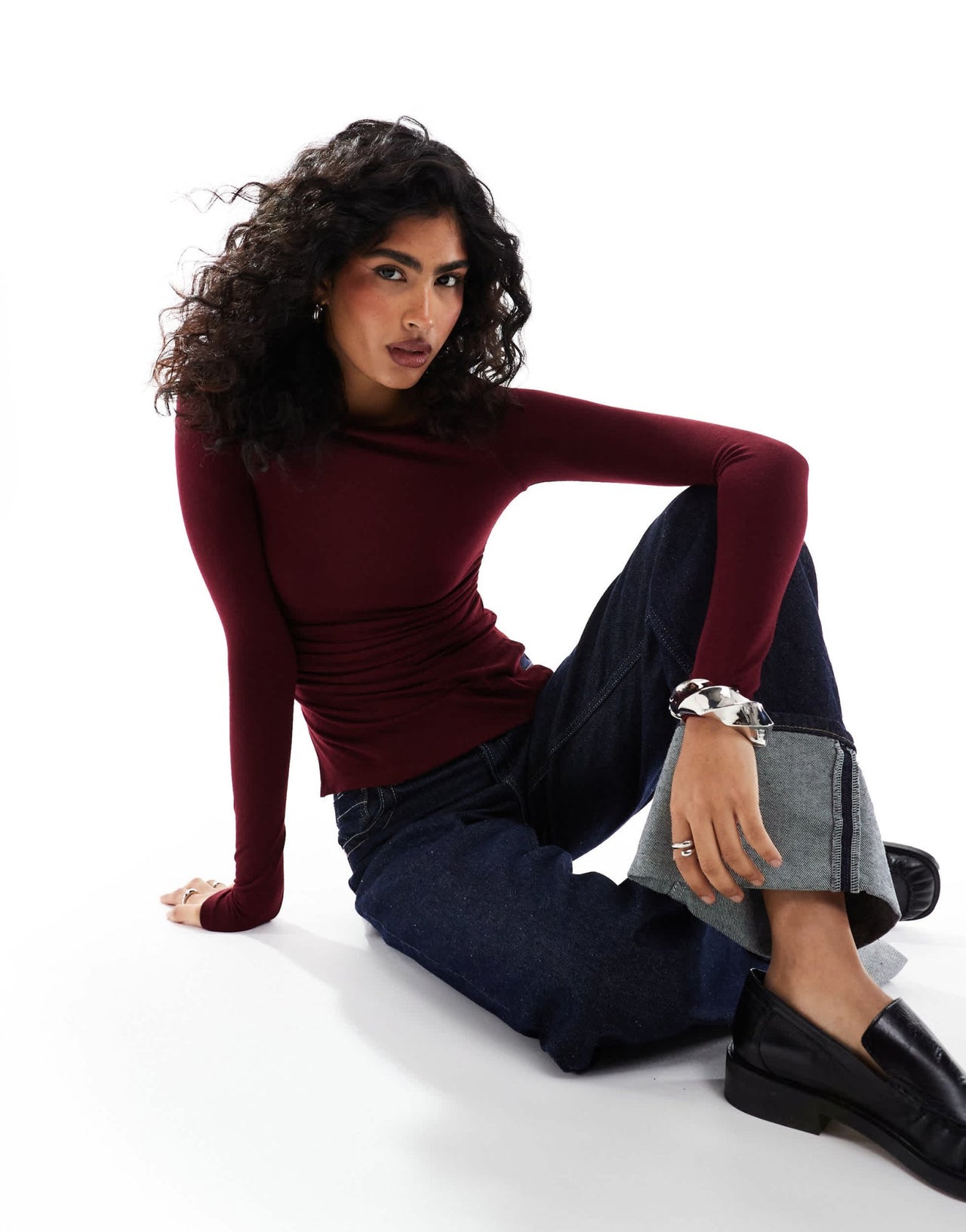 Bershka ruched side long sleeve t-shirt in burgundy - ASOS Sample Sale