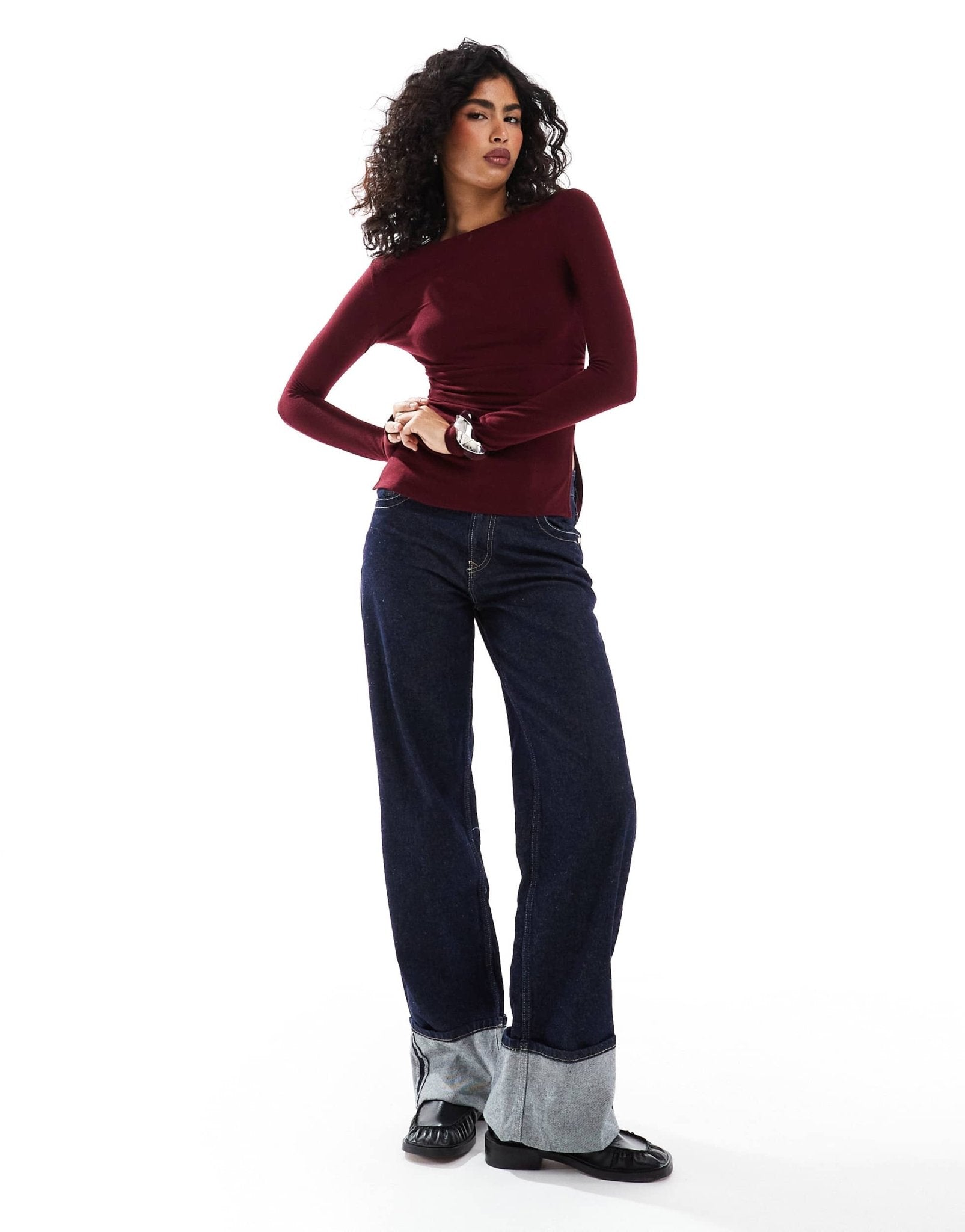 Bershka ruched side long sleeve t-shirt in burgundy - ASOS Sample Sale