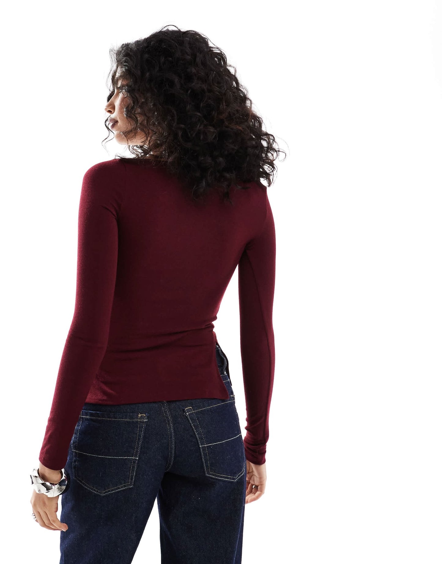 Bershka ruched side long sleeve t-shirt in burgundy - ASOS Sample Sale