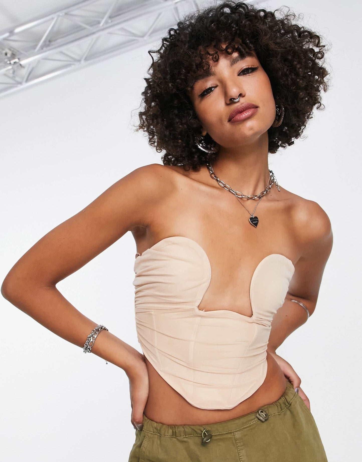 Bershka ruched structured corset top in ecru - ASOS Sample Sale