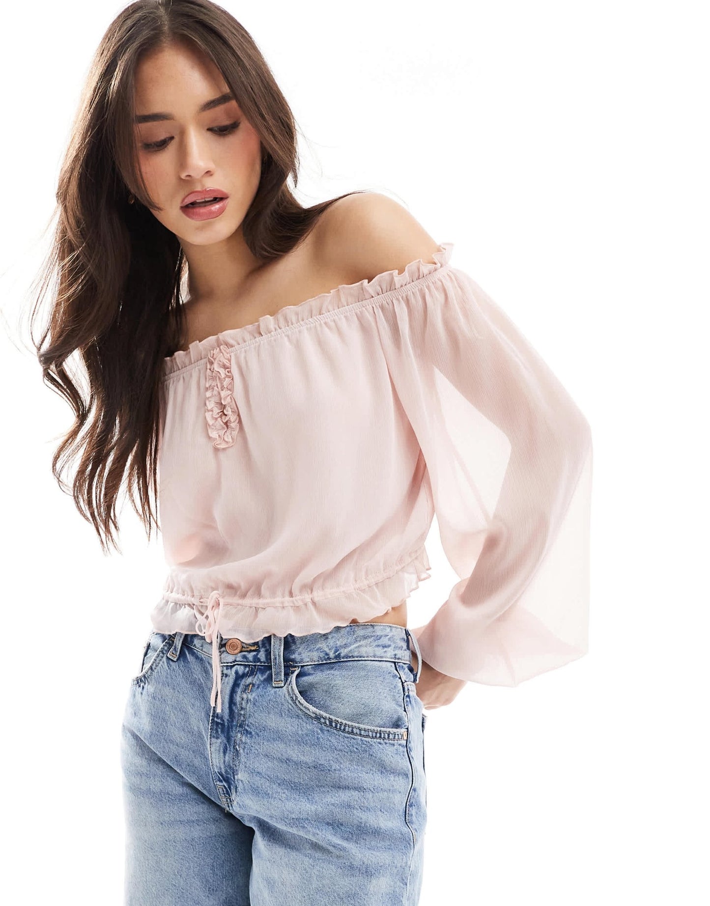 Bershka ruffle detail bardot top in pale pink - ASOS Sample Sale