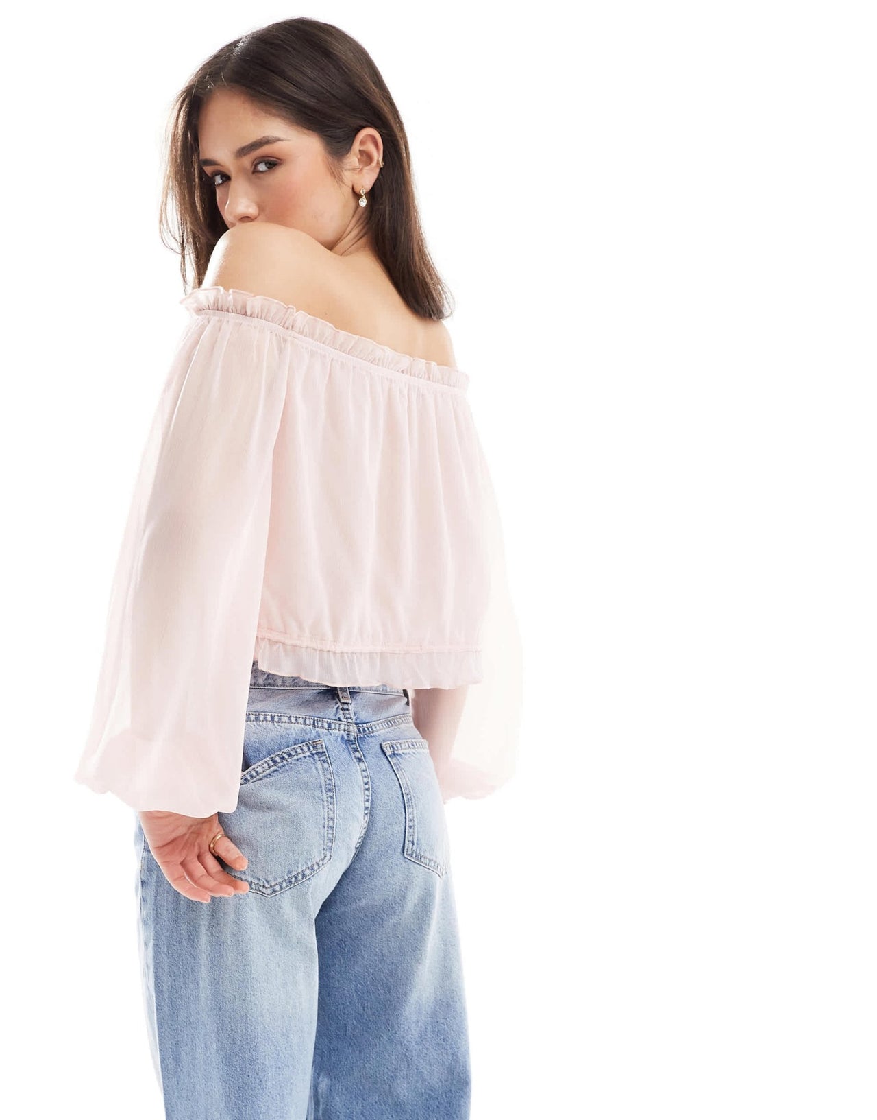 Bershka ruffle detail bardot top in pale pink - ASOS Sample Sale