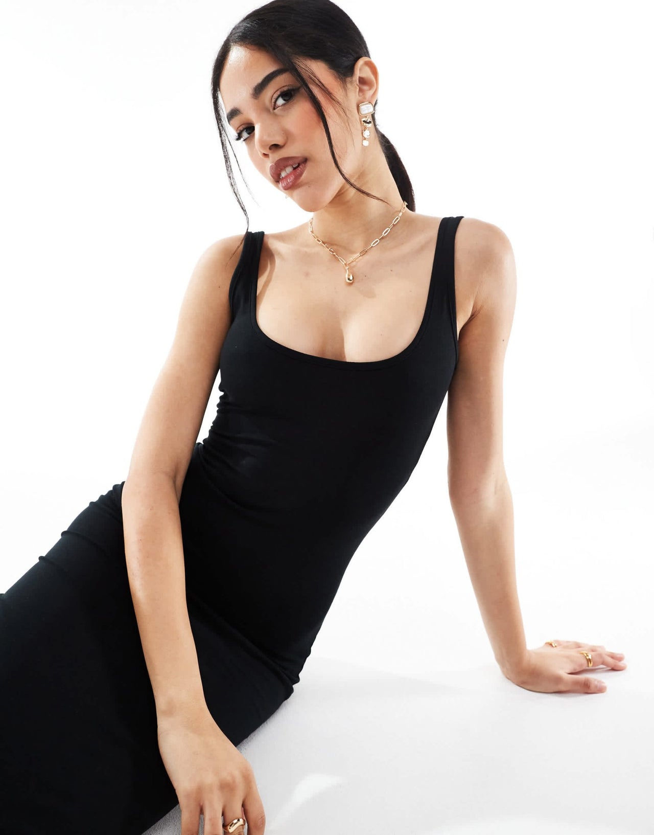 Bershka scoop neck midaxi dress in black - ASOS Sample Sale