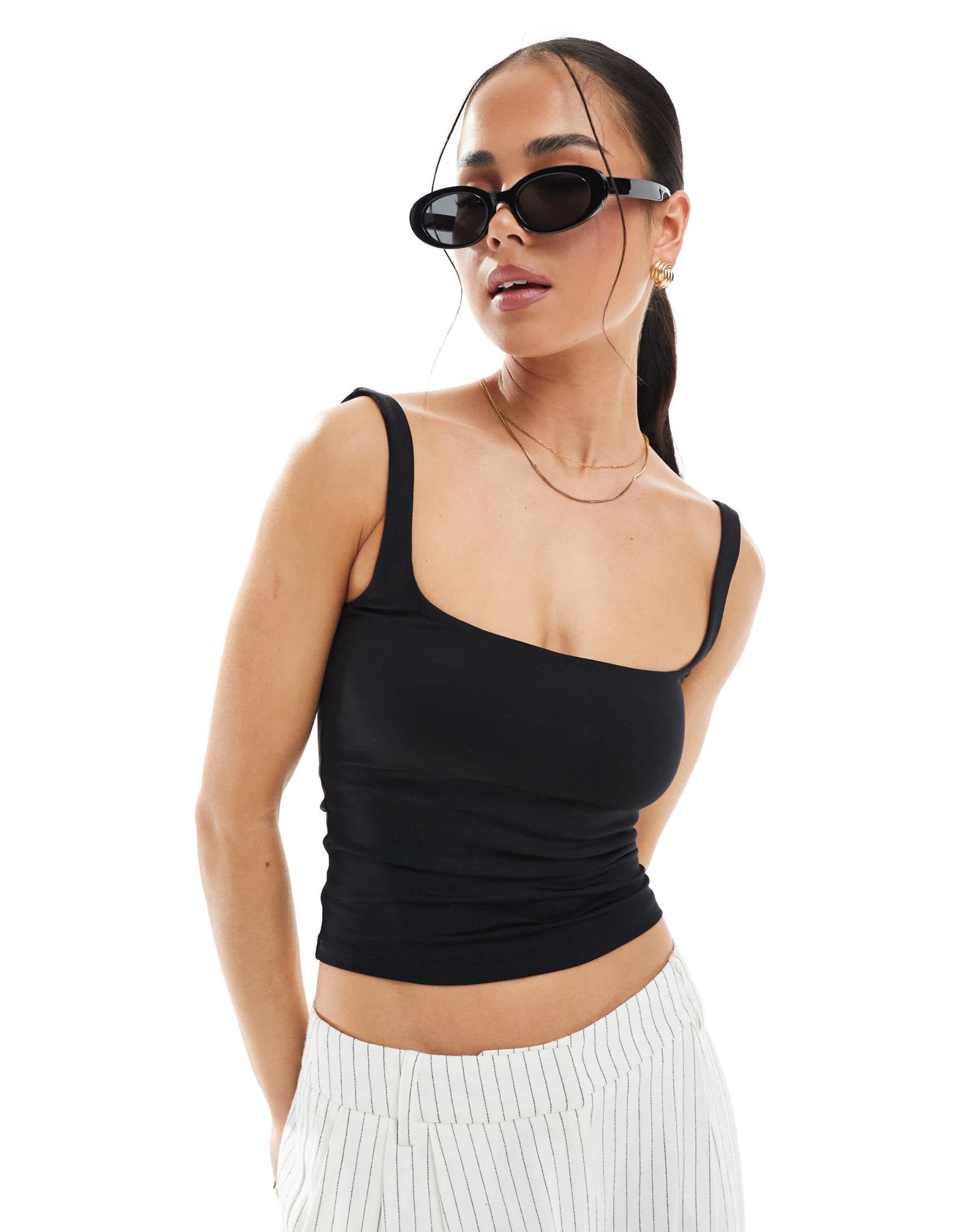 Bershka shaping square neck cami in black - ASOS Sample Sale