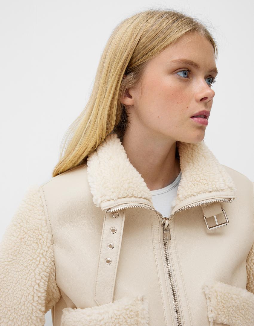 Bershka shearling and faux leather jacket in cream - ASOS Sample Sale
