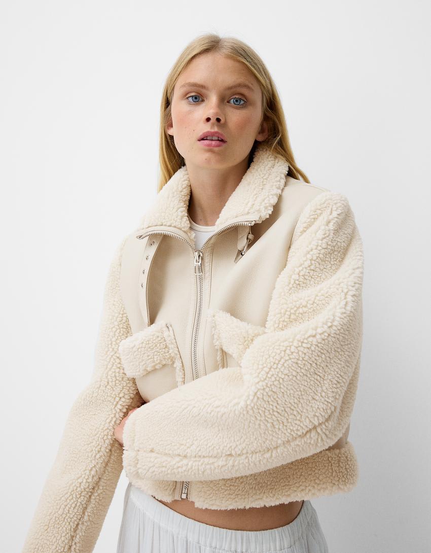 Bershka shearling and faux leather jacket in cream - ASOS Sample Sale