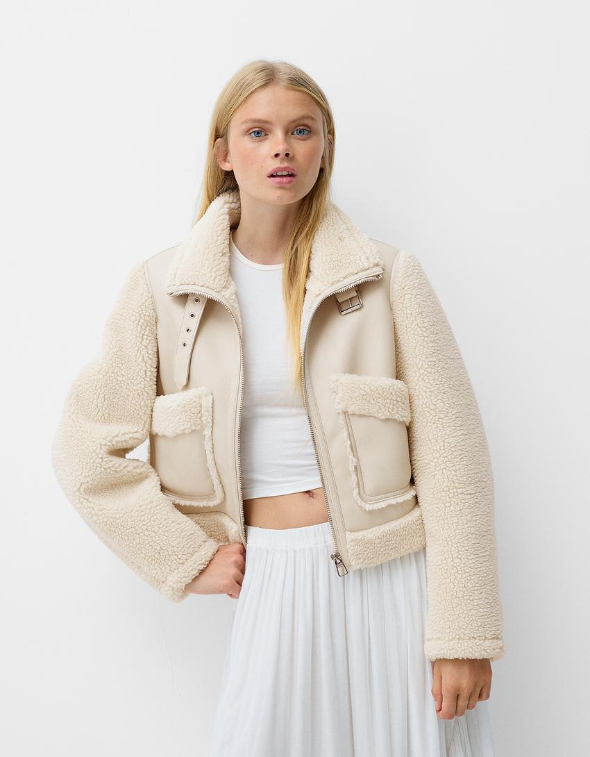 Bershka shearling and faux leather jacket in cream - ASOS Sample Sale