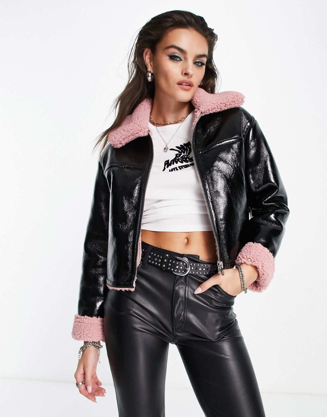 Bershka shearling detail cropped jacket in black vinyl with pink trim - ASOS Sample Sale
