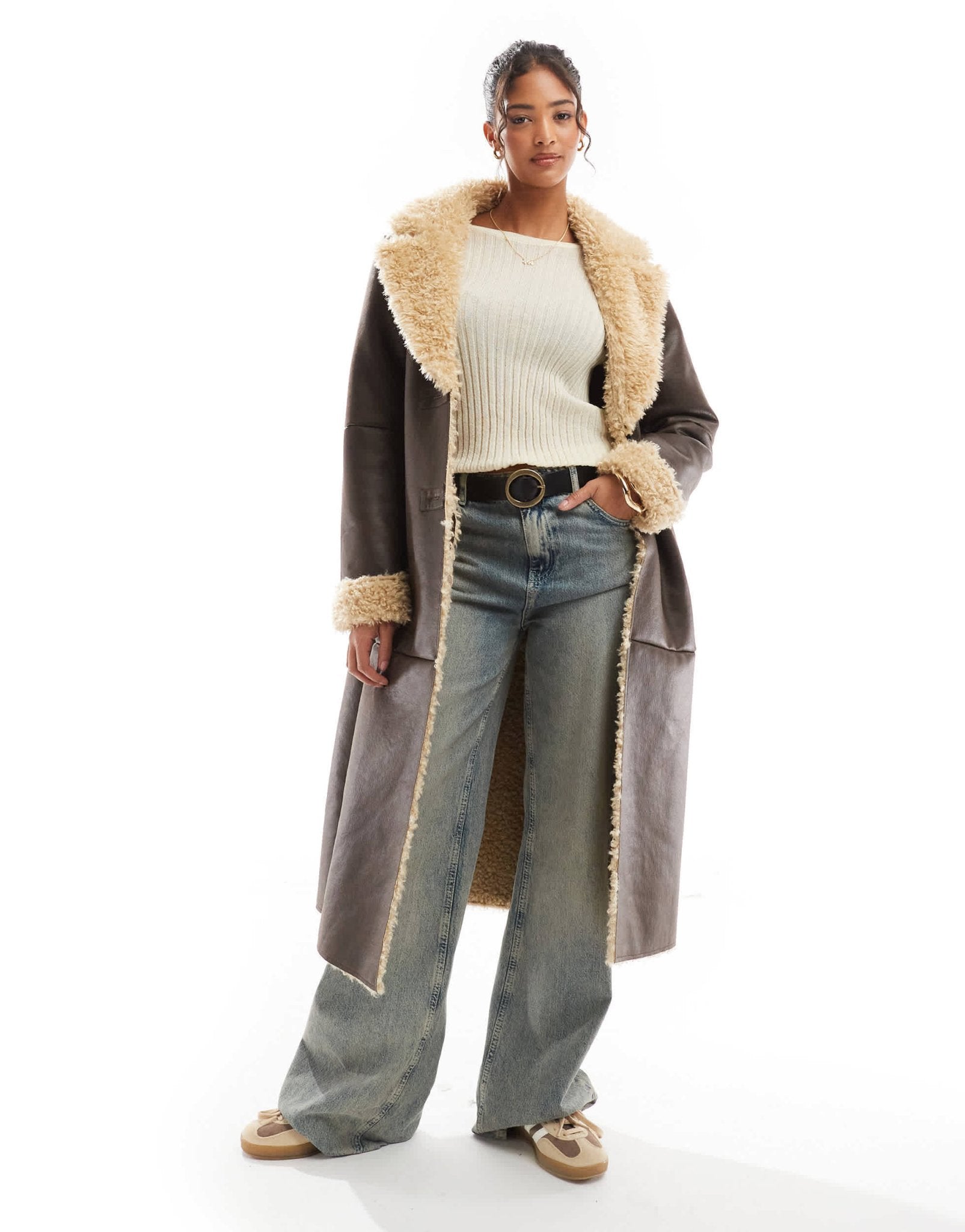 Bershka shearling oversized maxi jacket in brown - ASOS Sample Sale