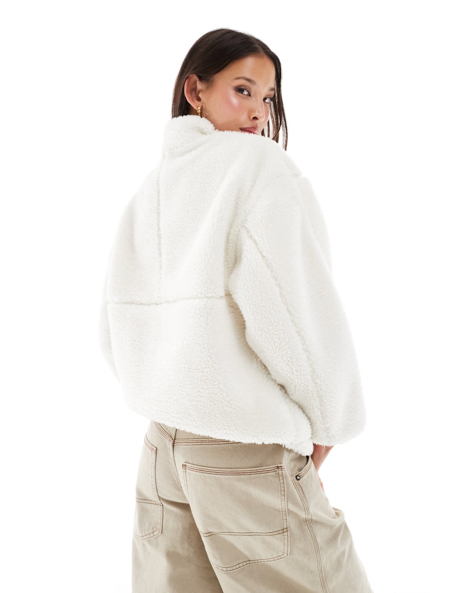 Bershka shearling zip up fleece in ecru - ASOS Sample Sale