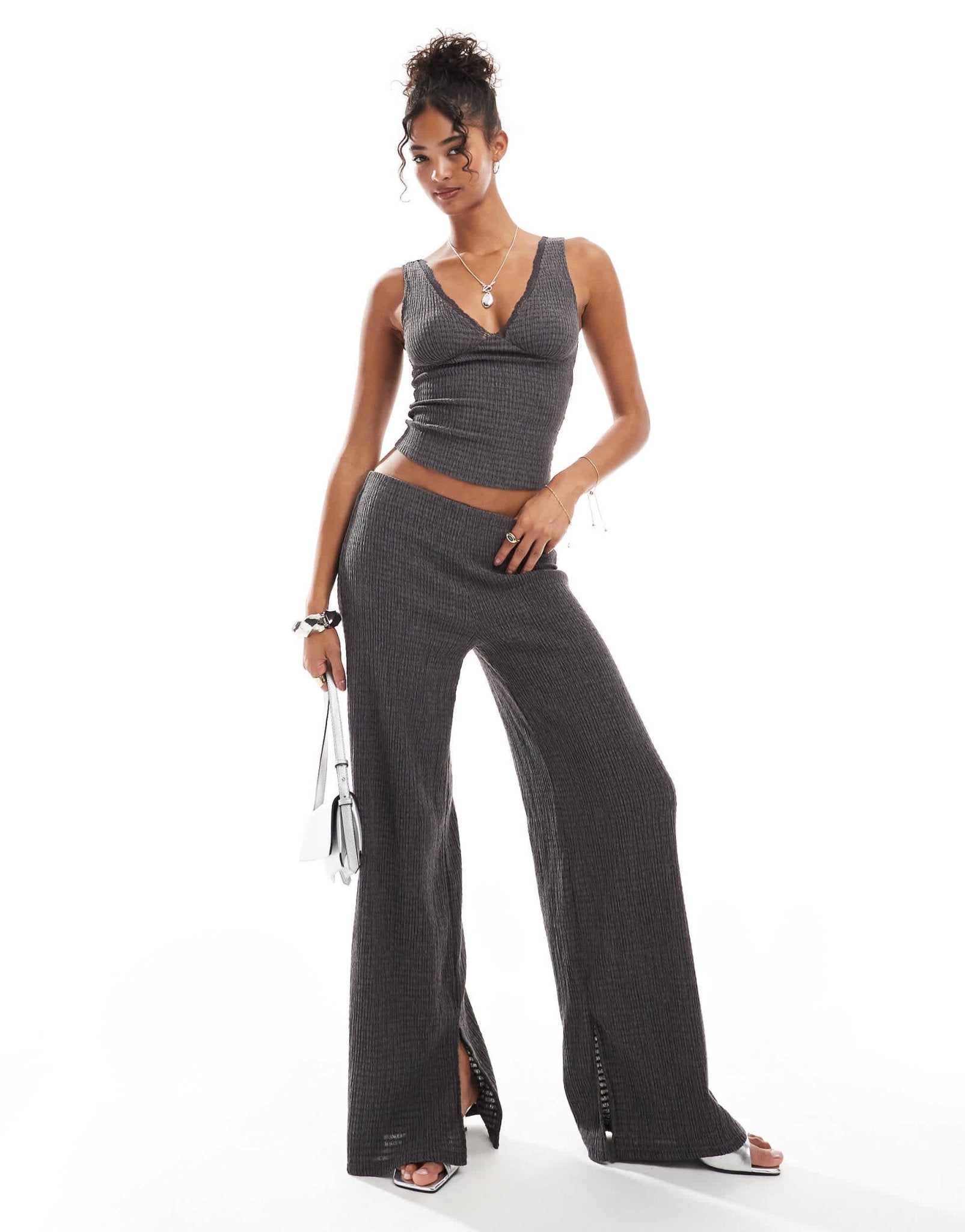 Bershka shirred flared trousers co - ord in charcoal - ASOS Sample Sale