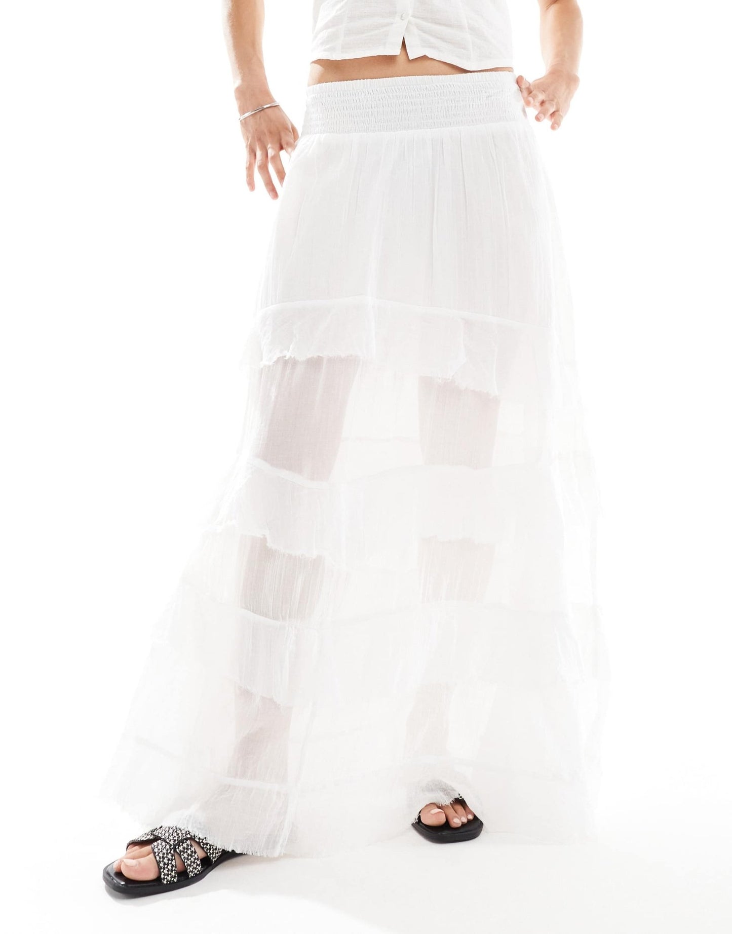 Bershka shirred frill detail maxi skirt in ecru - ASOS Sample Sale