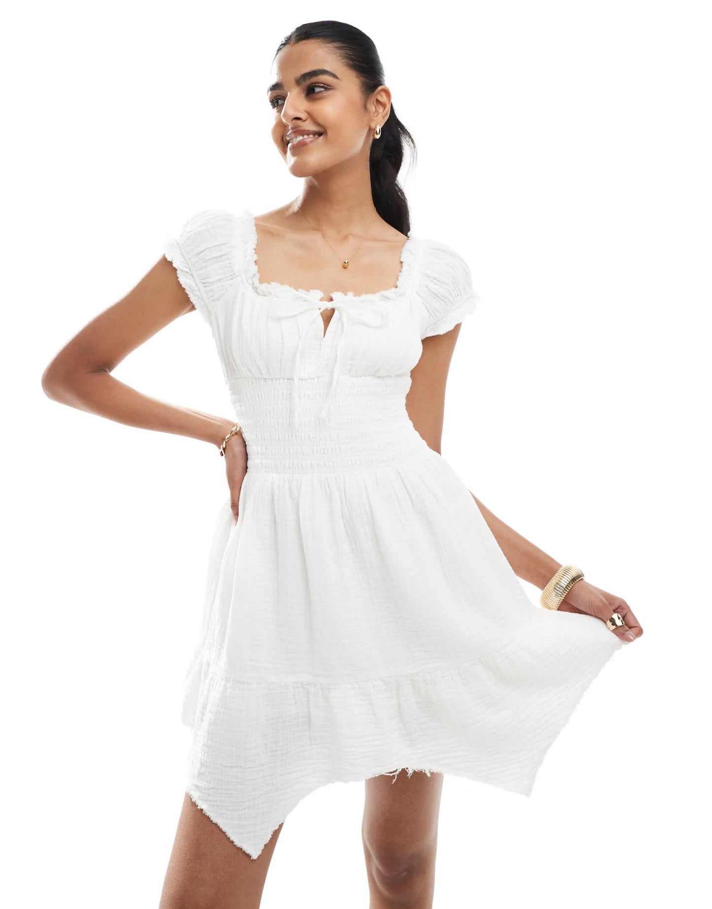 Bershka shirred milkmaid mini dress in ecru - ASOS Sample Sale